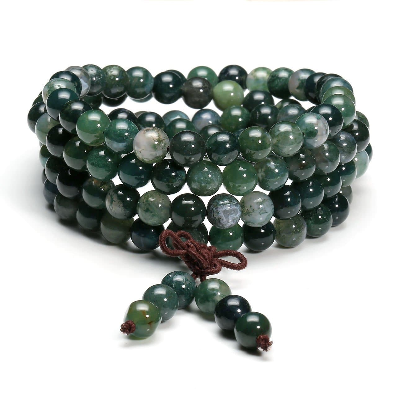 Jovivi108 Mala Beads Bracelet 6mm 8mm Natural Indian Agate/Green Moss Agate Gemstone Healing Crystal Stone Beaded Bracelet Hand Knotted Prayer Mala Beads Necklace for Yoga Meditation Balance