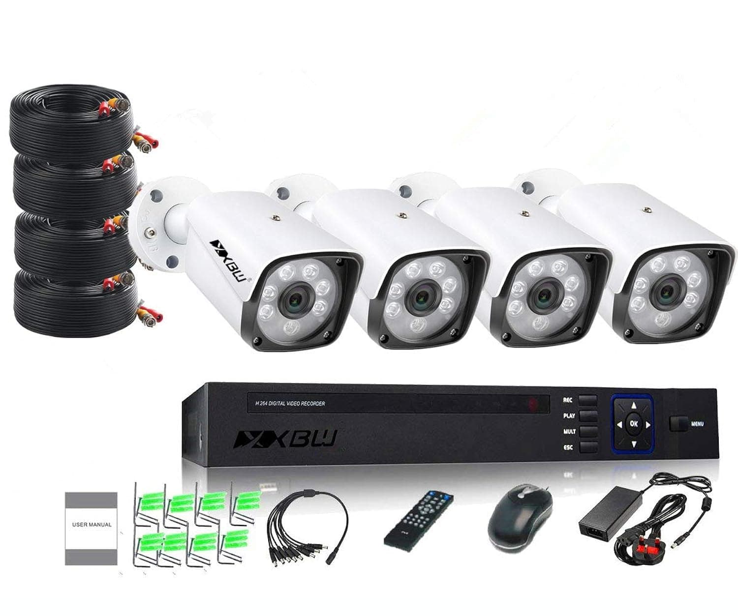4Channel CCTV security Kit 1080P/2.0MP 1920X1080 Camera 4CH Surveillance DVR kit with 8pcs 2.0mp 1080P Metal Outdoor Bullet Camera Alarm System&P2P Home Security(Not HDD)