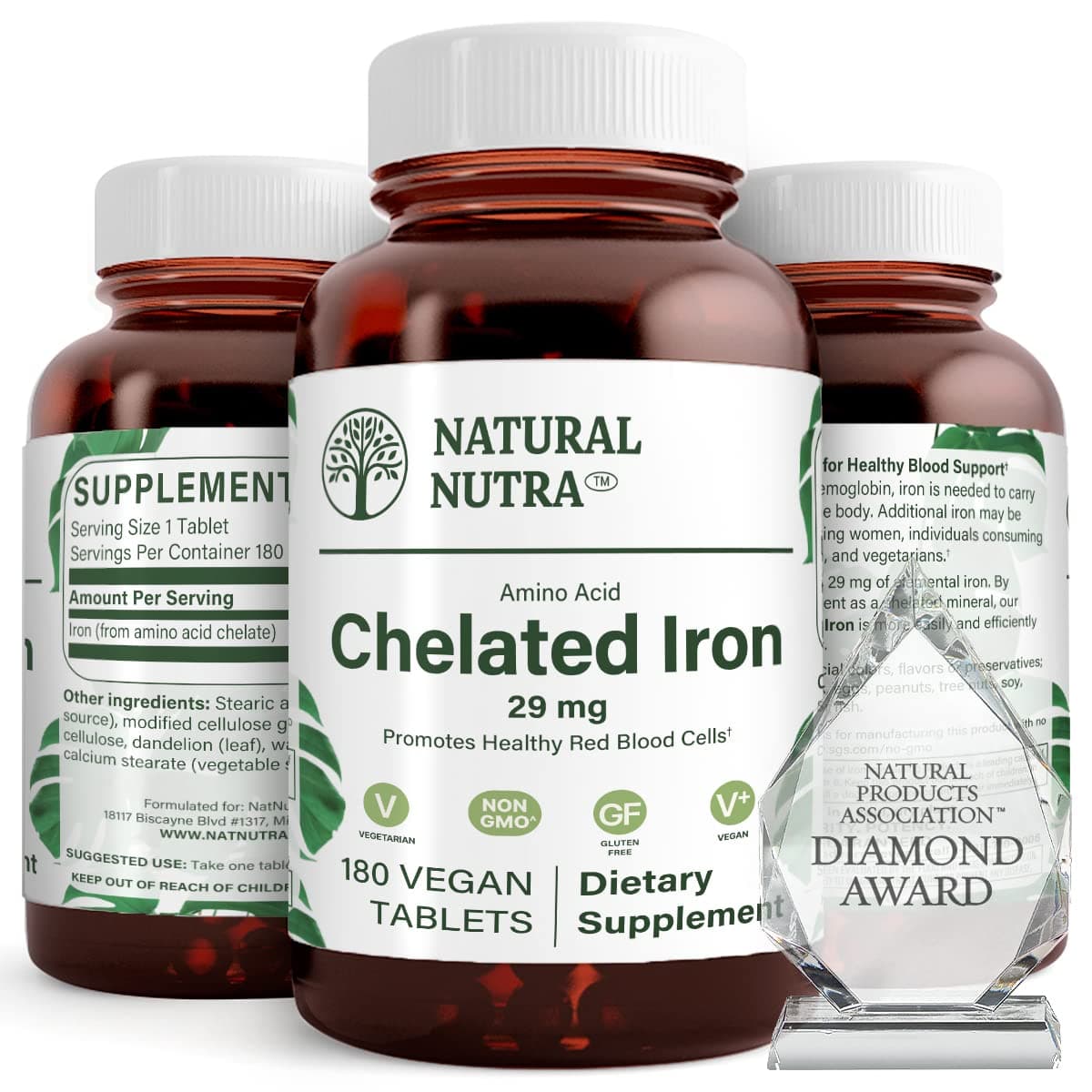 Chelated Iron Supplement for Men & Women, Nails Health, Promotes Optimal Absorption, Helps Enhance Iron Level, Maintain Body Fulid, Help to Improves Hair Growth, Skin Health, 180 Tablets