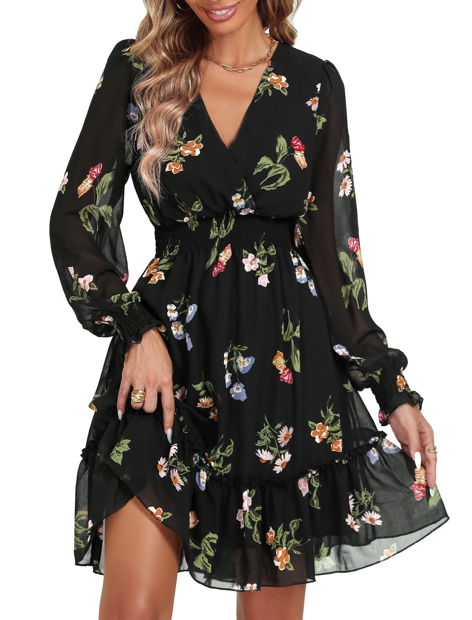 Women's Floral Chiffon Long Sleeve Mini Dress Flowy A-Line Wrap Neck Tie Back Short Dress