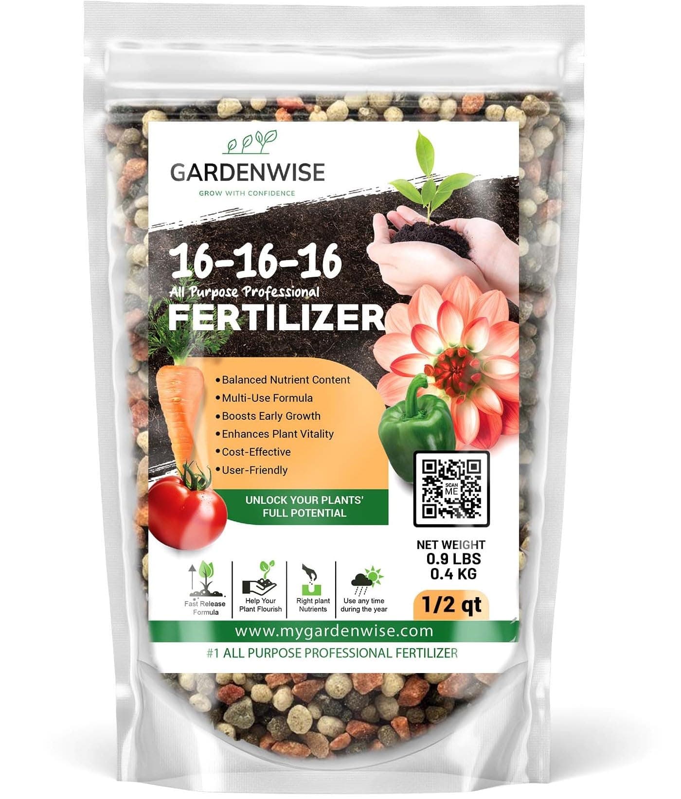 16-16-16 All Purpose Professional Fertilizer - Lawn, Flower, Tree, Shrub & Vegetable Garden Fertilizer (1/2 Quart)