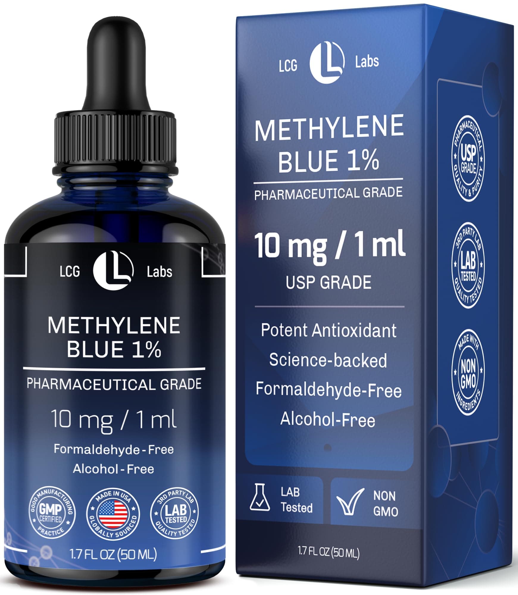 Methylene Blue Pharmaceutical Grade - Methylene Blue 1% - Liquid Drops Aqueous Solution 10 mg / 1 ml - Third Party Tested - Formaldehyde & Alcohol-Free - Made in USA 1.7 Fl OZ
