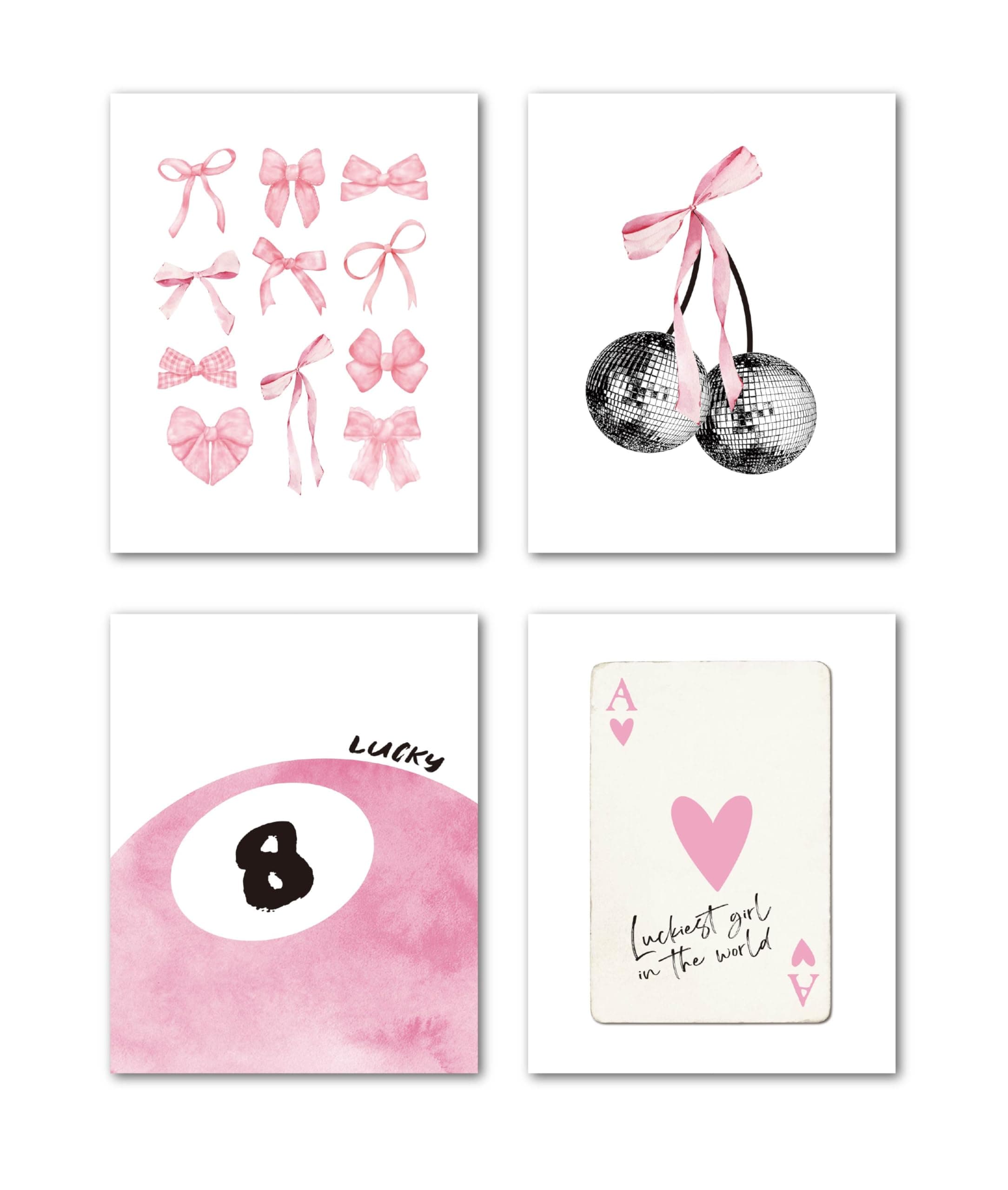 LiTiuPreppy Coquette Room Decor, Posters for Room Aesthetic Set of 4, Pink Cherry Bow Lucky 8 Ball Coquette Wall Decor Posters for Girls Bedroom Dorm, 8x10 in Poster (Unframed)