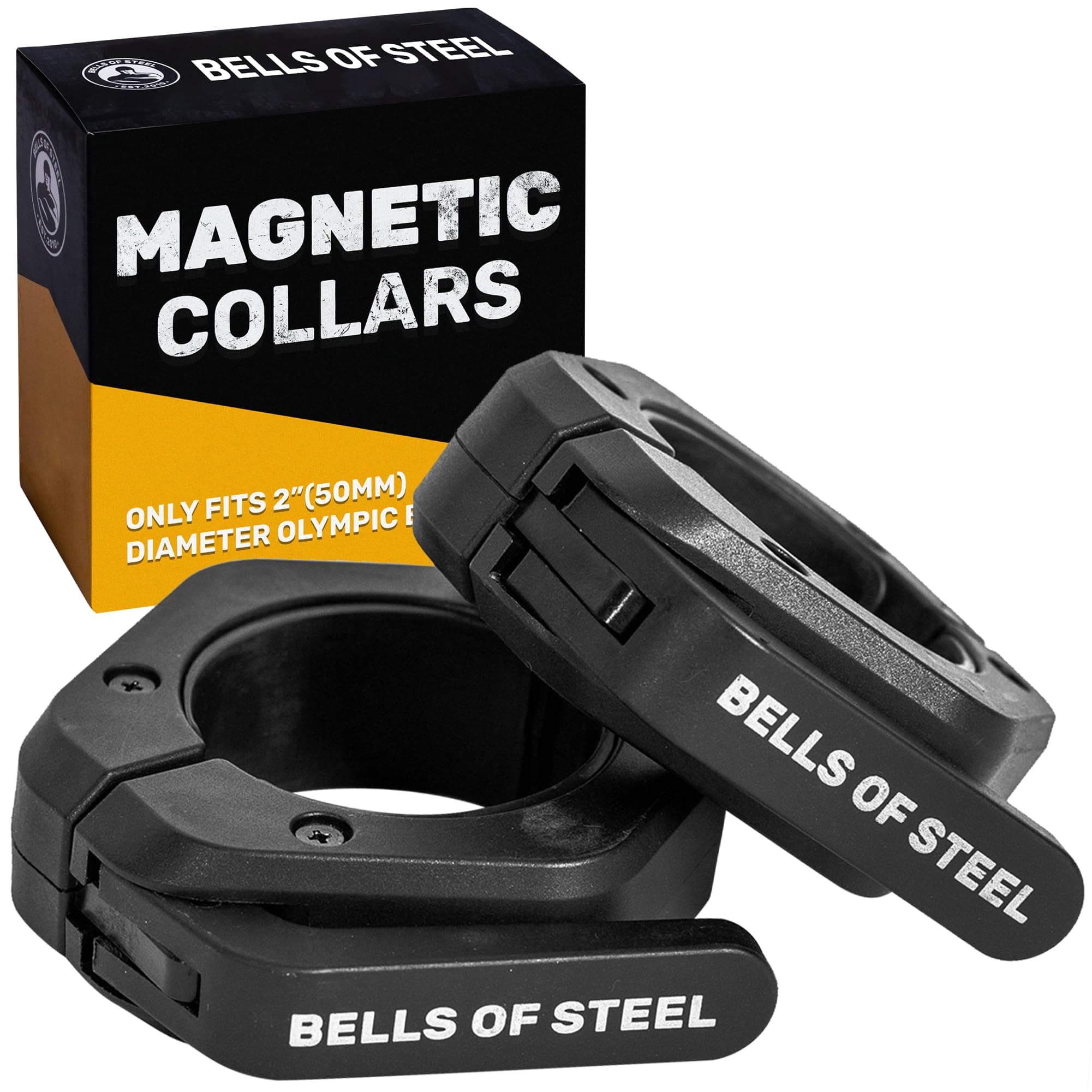 Magnetic Barbell Collars [Bells of Steel] Premium Weight Bar Clamps, Quick Release Barbell Clips, Olympic Barbell Clamps, High Strength Nylon Gym Clips, Pair, Black