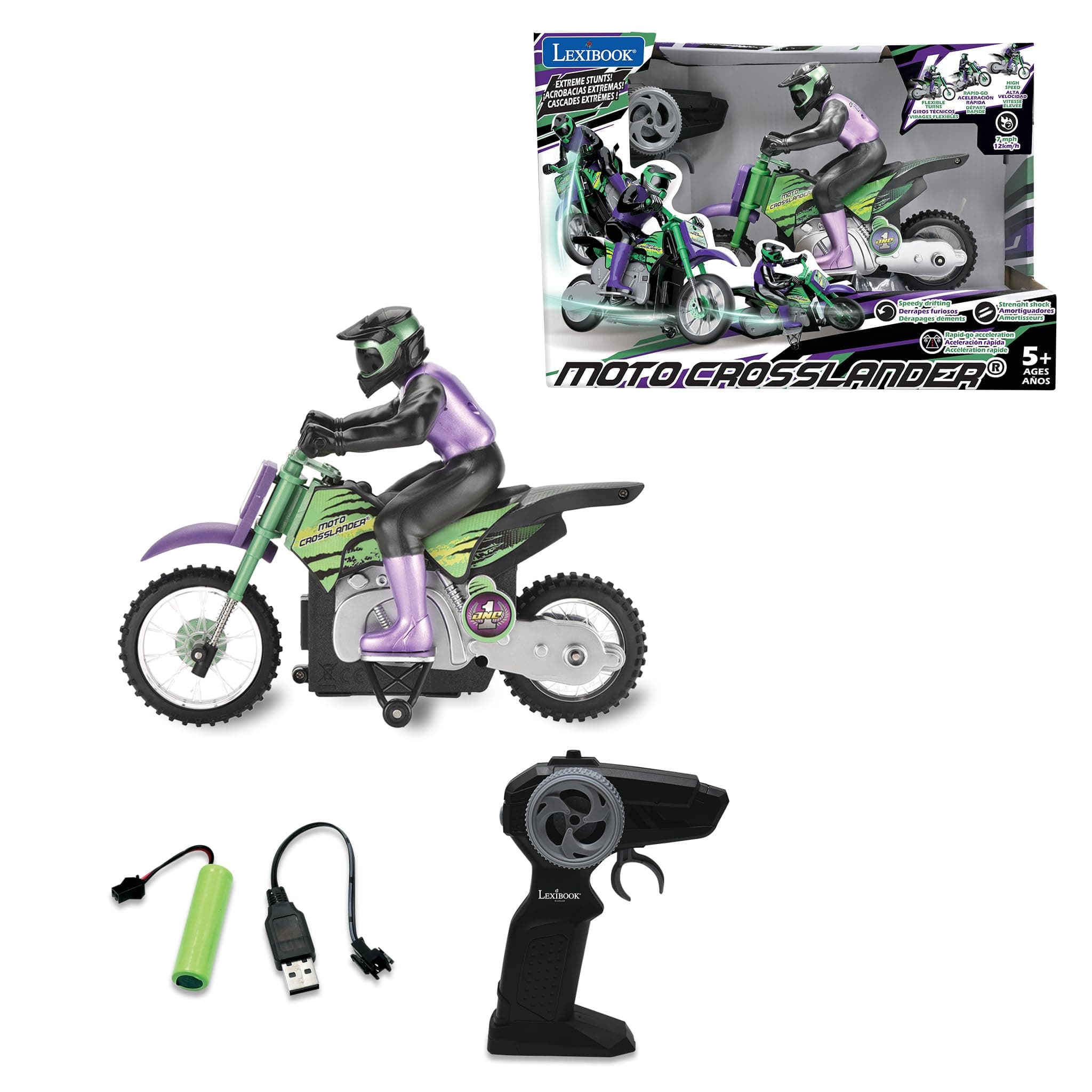Lexibook Lexibook, Crosslander® radio-controlled off-road motorcycle, up to 12km/h, perfect balance, light effects, crazy skids, fast acceleration, ergonomic remote control, rechargeable, RC18