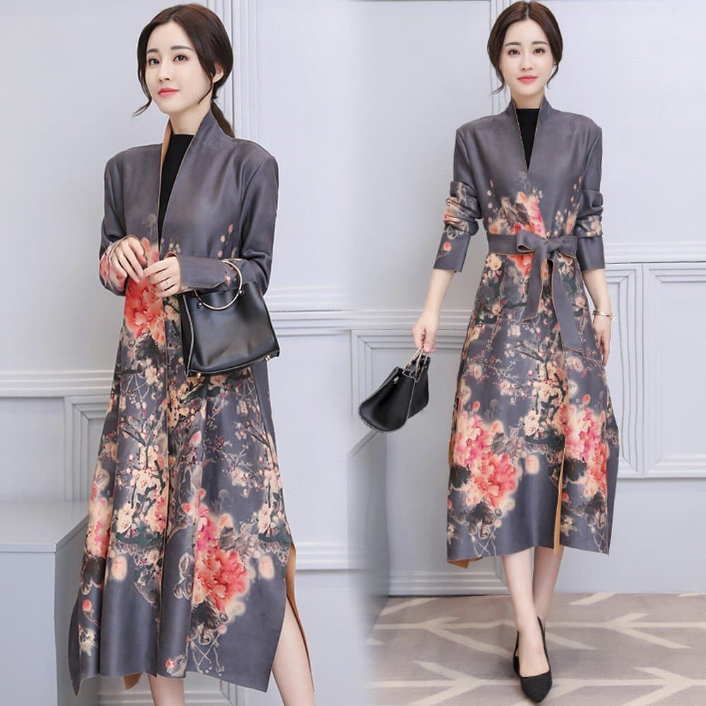 NSFY Printed Windbreaker Jacket Women 'S Long Section of Self-Cultivation Dignified Temperament Coat,Gray,2XL