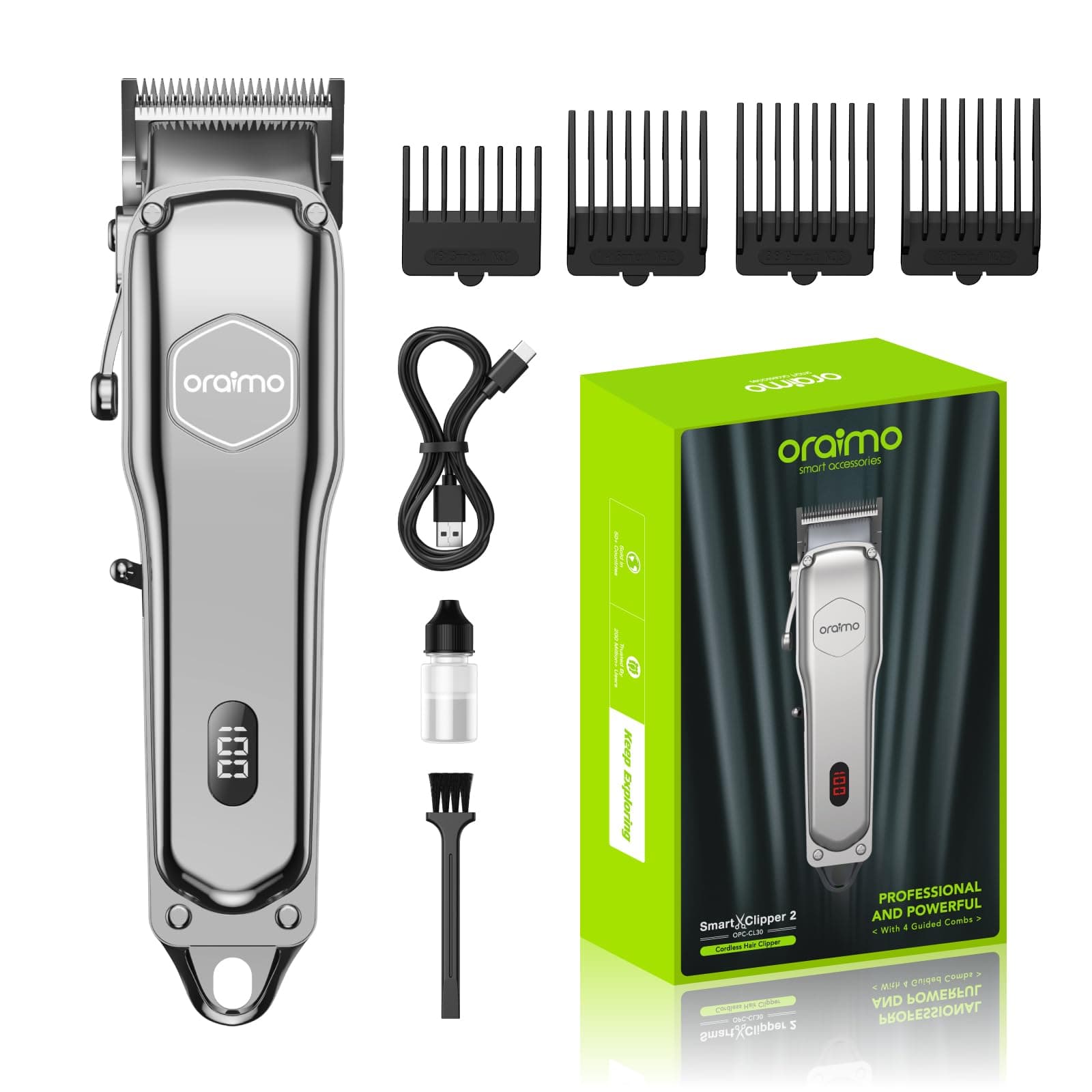 OraimoMens Hair Clipper Cordless Rechargeable Clippers Hair Trimmer For Men Professional Barbers Grooming Kit,150-Min Working Time With Led Display (Silver), Battery Powered
