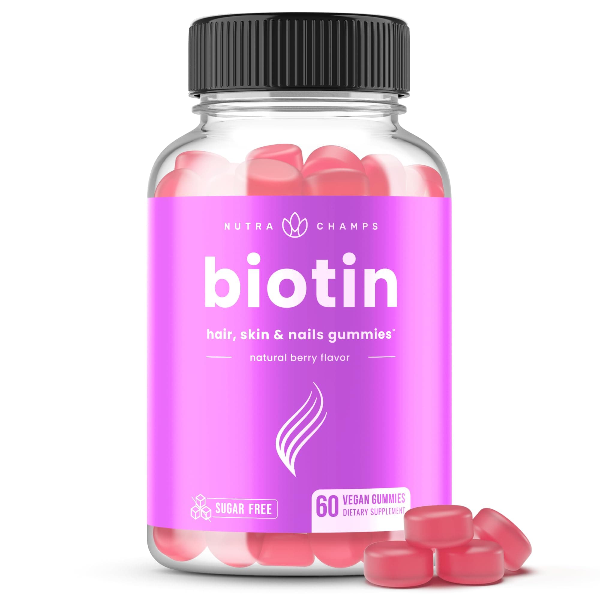 - NutraChamps Sugar Free Biotin Gummies 10000mcg [High Potency] - Healthy Hair, Skin & Nails for Women, Men & Kids - 5000mcg in Each Gummy - Vegan, Non-GMO, Hair Health Vitamins Supplement - Raspberry
