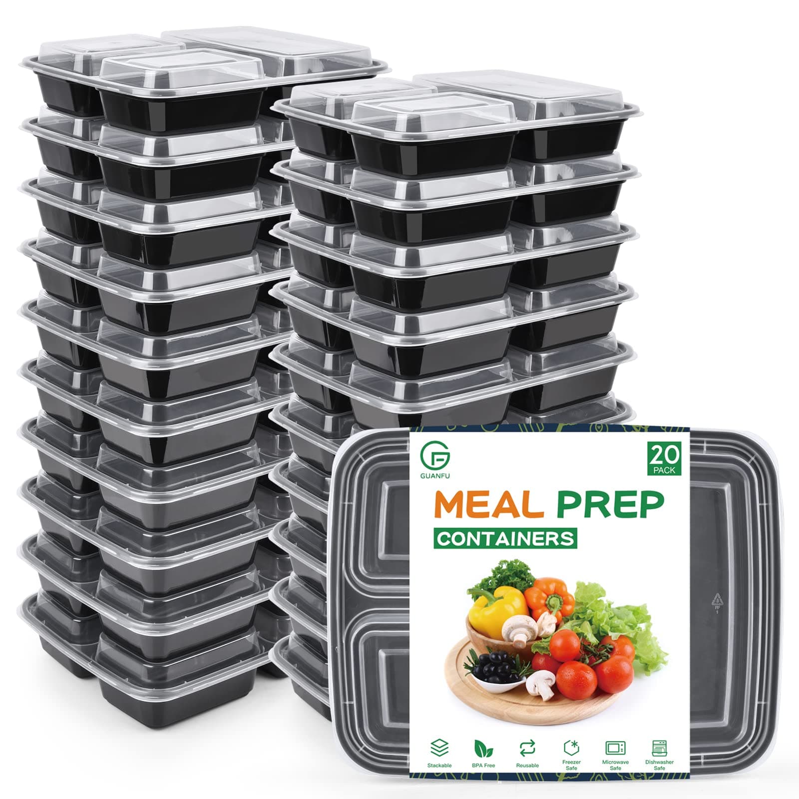 GUANFU [20 Pack] Meal Prep Containers Reusable 3Compartment, Plastic Food Containers with Airtight Lids - Microwavable, Freezer and Dishwasher Safe - Stackable Bento Lunch Boxes (34 oz)