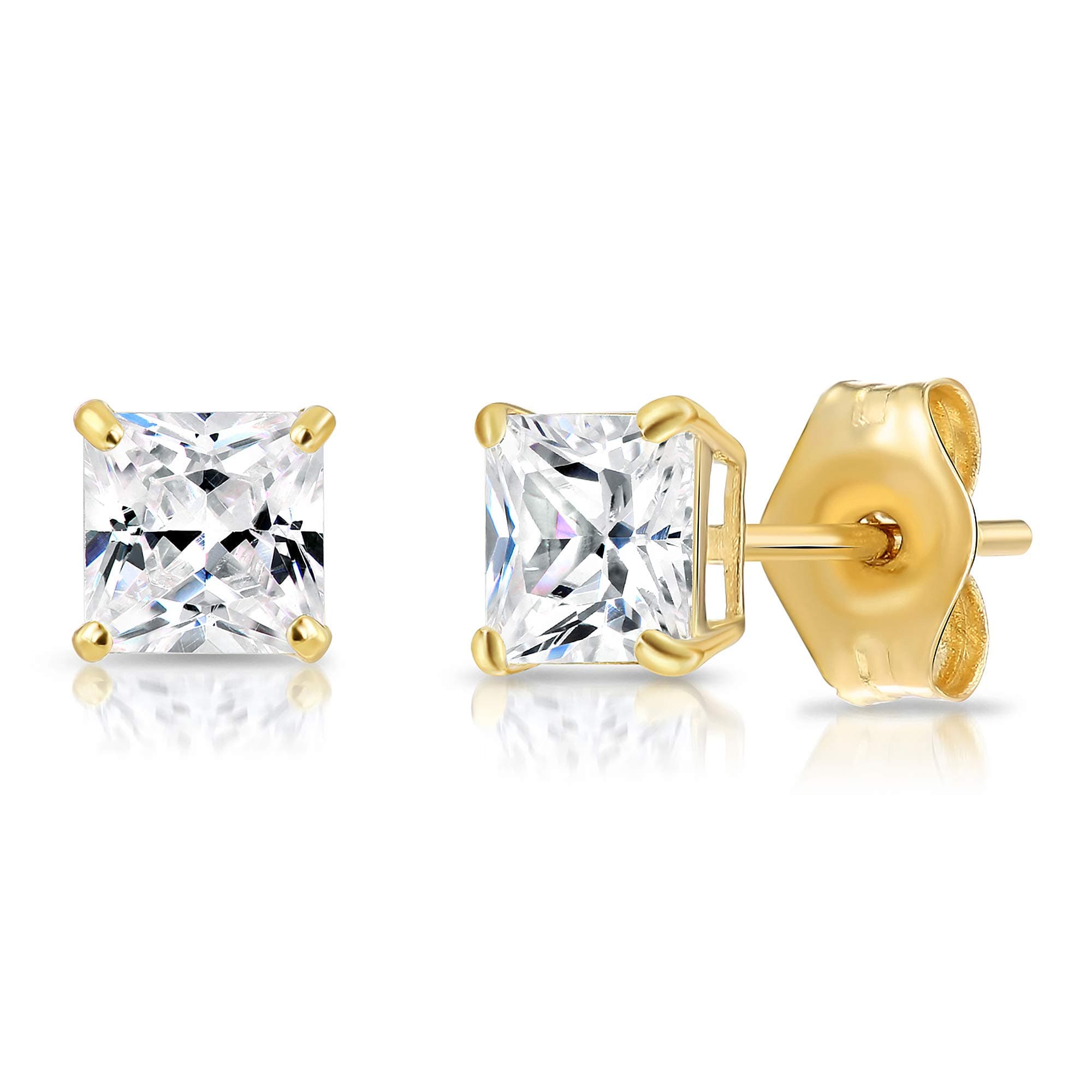 14k Yellow Gold Princess-Cut Square Cubic Zirconia CZ Stud Earrings with Gold Butterfly Pushbacks