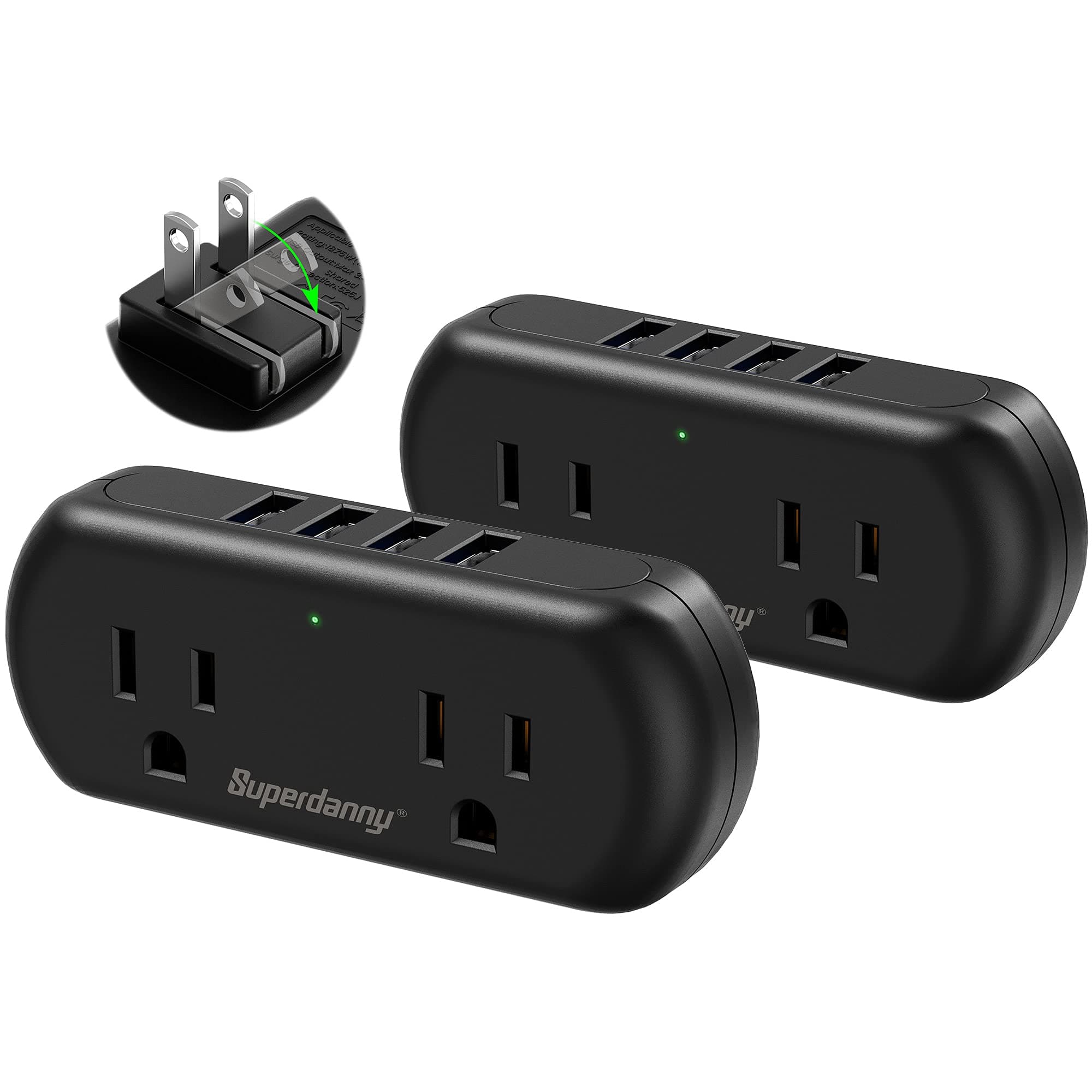 Multi-Plug Outlet Extender, SUPERDANNY 3 Prong to 2 Prong Wall Charger with 2 Wide-Spaced Outlets & 4 USB Ports, Mini Surge Protector Multiple Plug Splitter for Travel, Home, Office, Type A, 2 Pack
