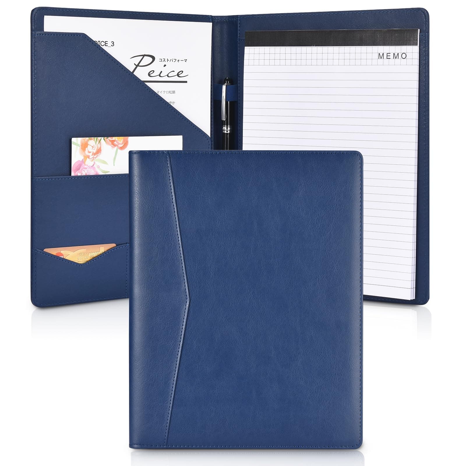 Pacific Mailer Padfolio Portfolio Leather Binder Interview Legal Document Organizer with Business Card Holder and Letter Size Writing Pad [Blue, Piano Noir Faux Leather Matte Finish]