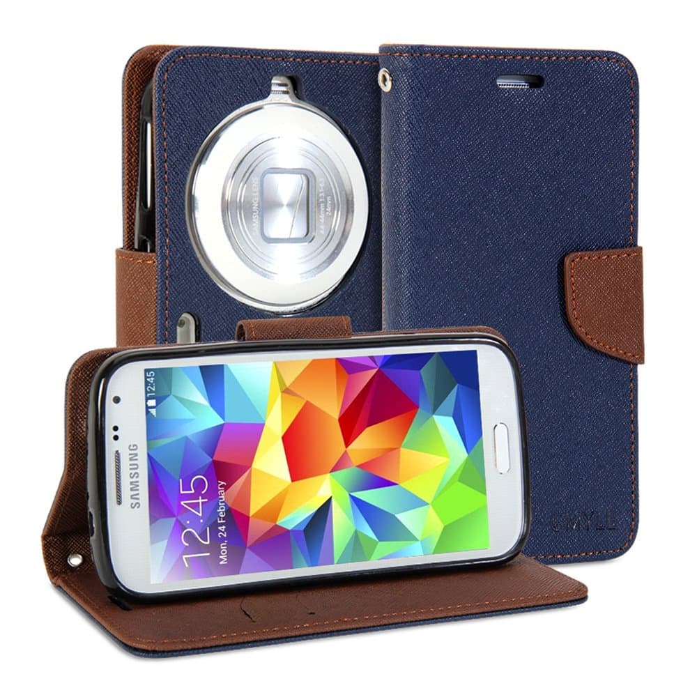 Galaxy K Zoom Case, Wallet Case Classic for Samsung Galaxy K (S5 Zoom) - Navy & Brown Cross Pattern PU Leather Slim Wallet Case Flip Folio Stand Cover