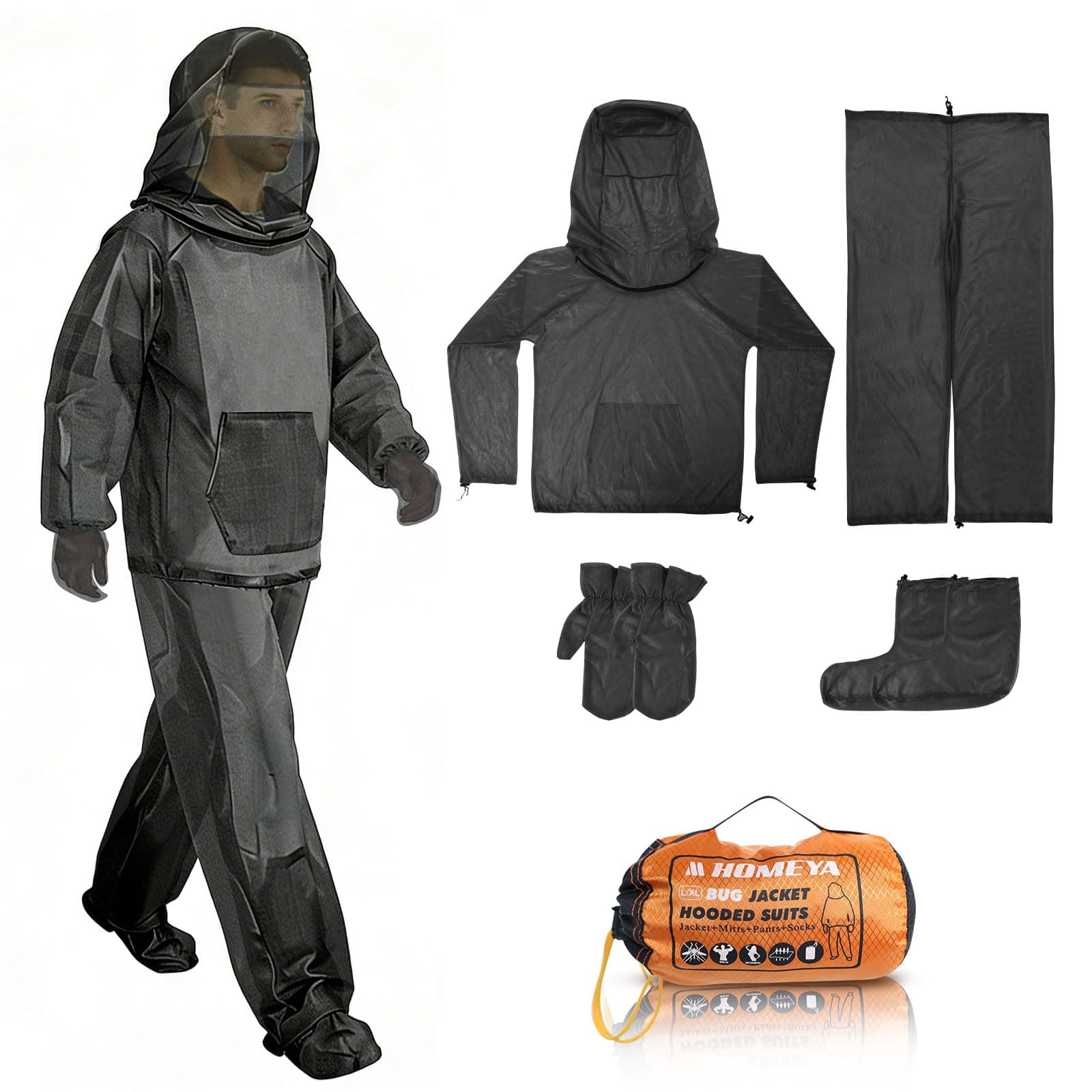 HOMEYA Bug Jacket L/XL, Anti Mosquito Netting Suit with Zipper on Hood Ultra-fine Mesh Pants Mitt Socks with Free Carry Pouch for Protecting Hunting Fishing Men Women
