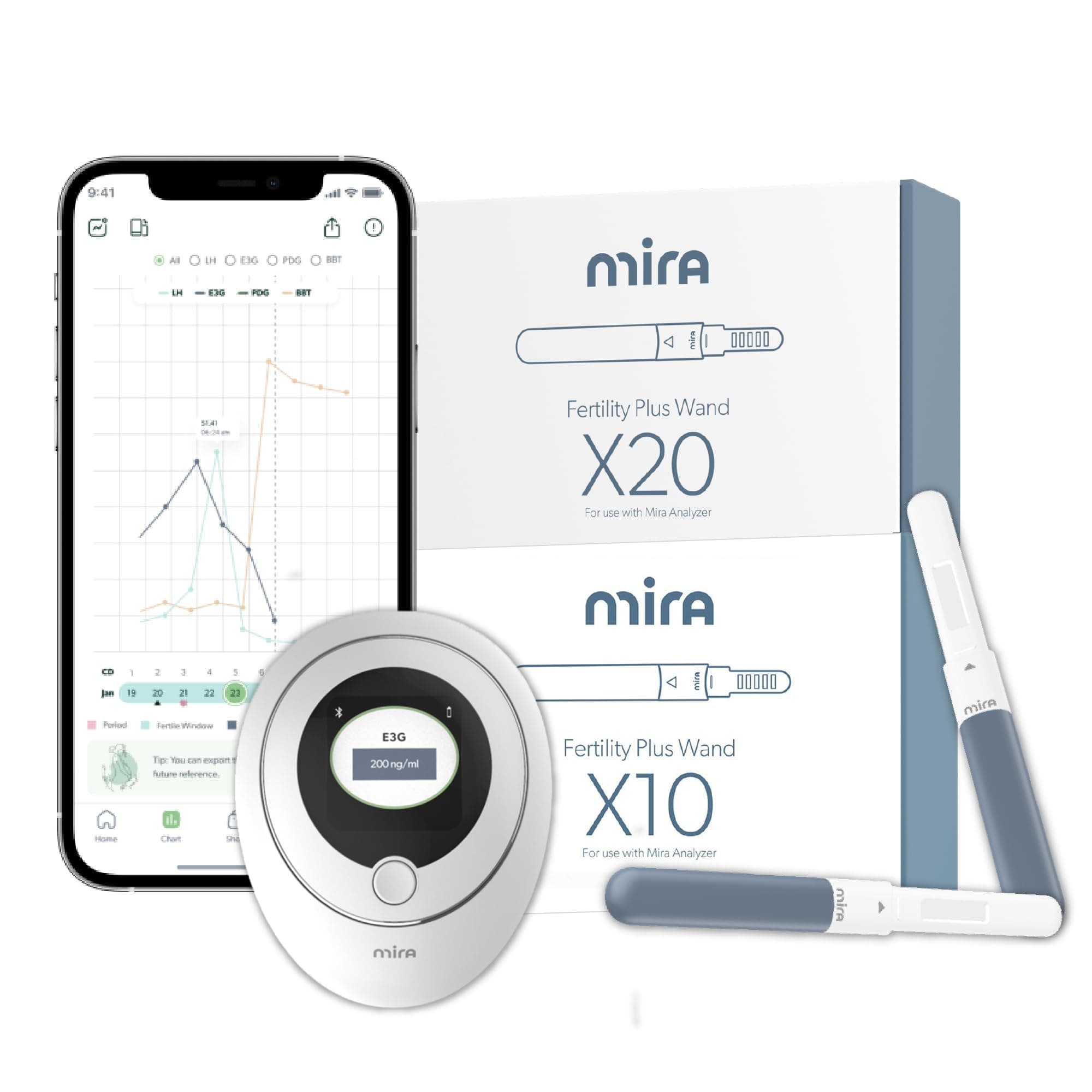 Mira Fertility Plus Tracking Monitor Kit and 30 Mira Fertility Plus E3G + LH Test Wands Bundle for Home Testing