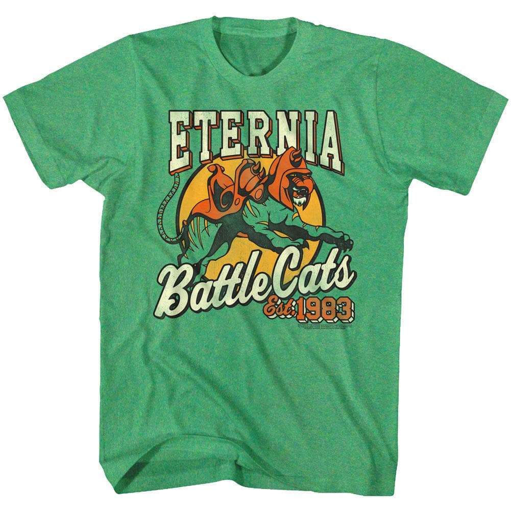 Masters of The Universe Eternia Battle Cats 1983 Men's T Shirt He-Man Cringer Green Heather