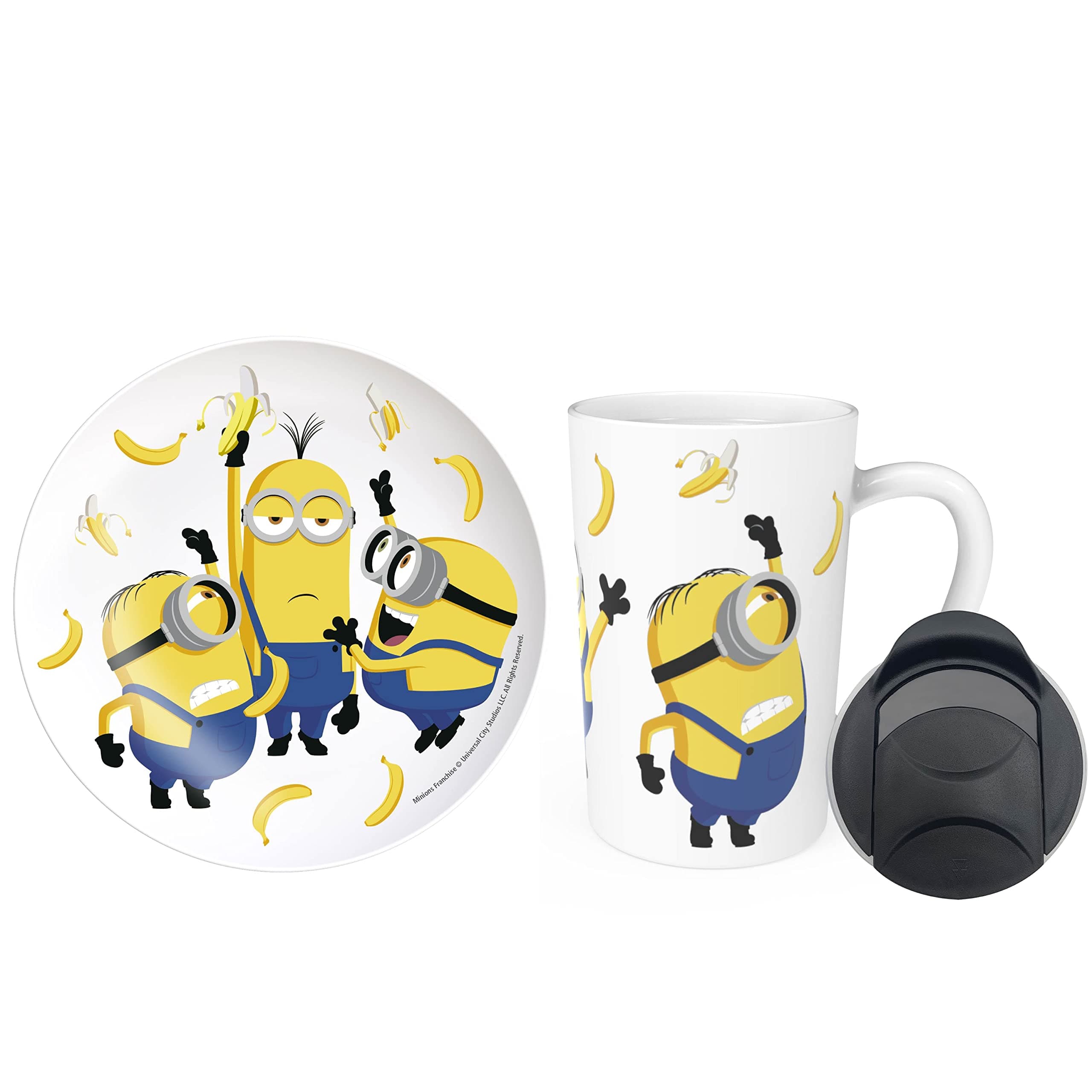 Zak Designs Minions: The Rise of Gru Ceramic Latte Mug and Plate for Coffee, Tea, Breakfast or Dessert with Travel Mug Lid, 2-Piece Set,17 Fluid Ounces