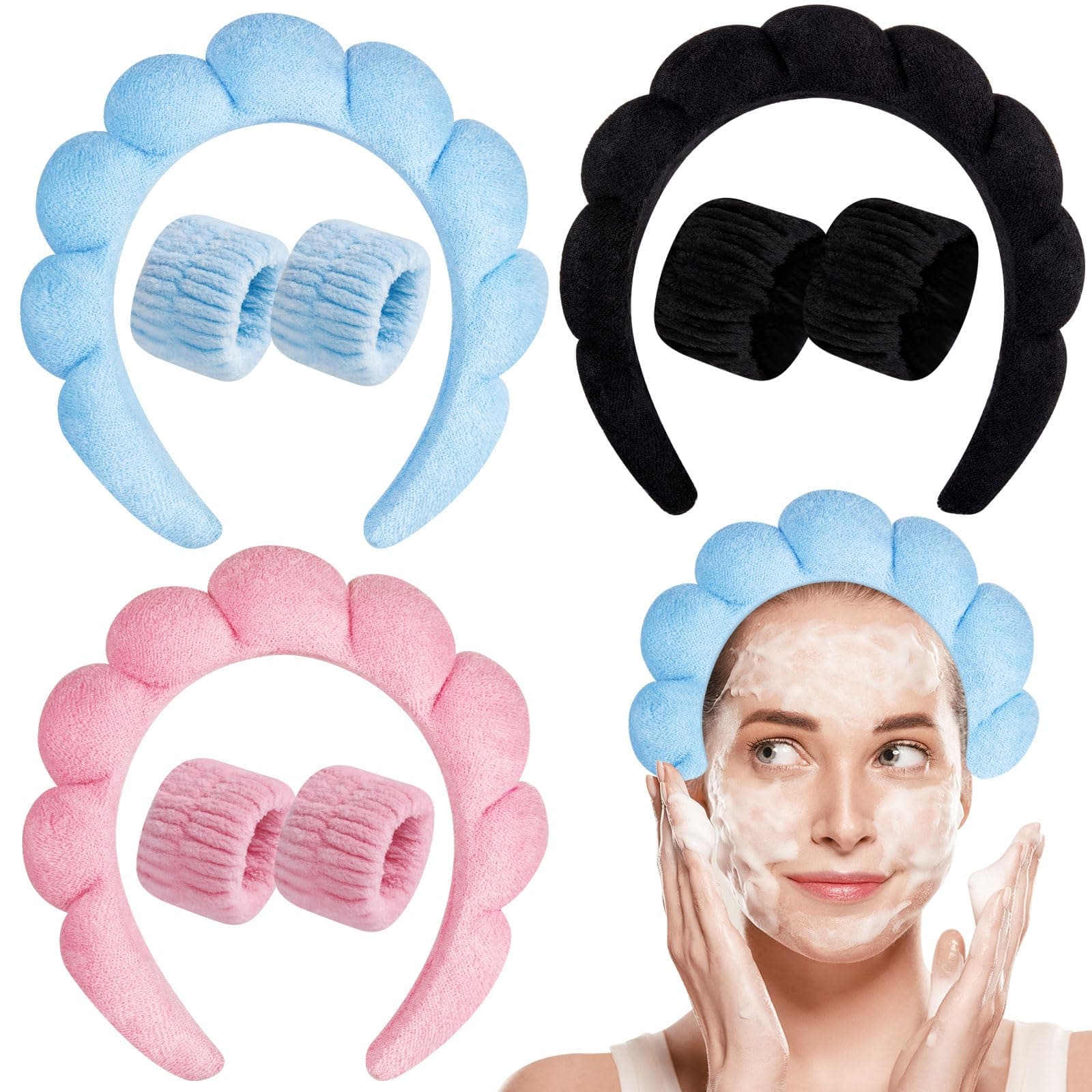 HTZNHXT9 PCS Spa Headband Wristband Set for Women, 3 Colors Makeup Skincare Headbands Wrist Washband for Washing Face, Shower, Mothers Day Gifts