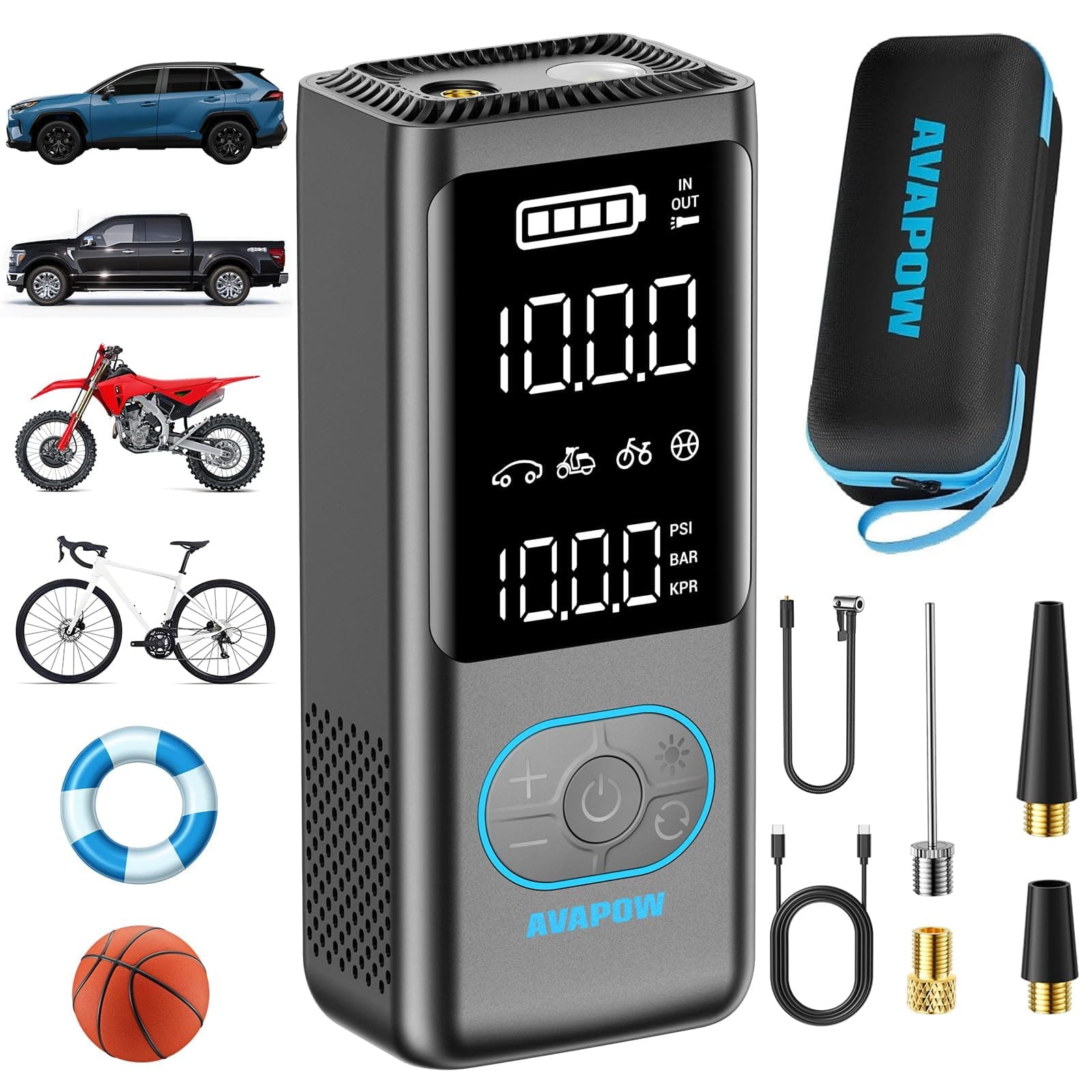 AVAPOW AP18 Tire Inflator Portable Air Compressor, 300% Faster 150 PSI Cordless Air Pump with Tire Pressure Gauge, 3.7″ Dual LCD Screen, Auto-Shuts Off Tire Pump for Car, Motorcycle, Bicycle, Balls