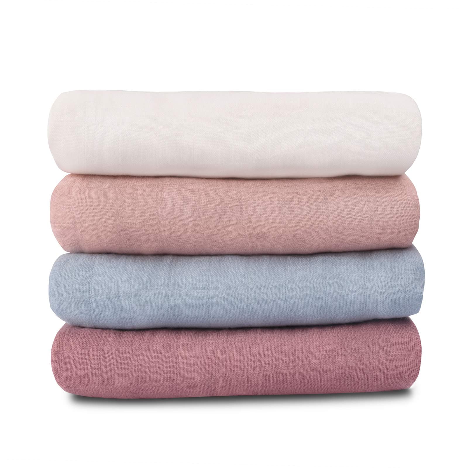 Meracorallo Muslin Swaddle Blanket Silky Soft Receiving Blanket Neutral Swaddle Wrap for Baby Boys and Girls, 47 x 47 inches, Set of 4 Solid Color (White+Blue+Pink+Purple)