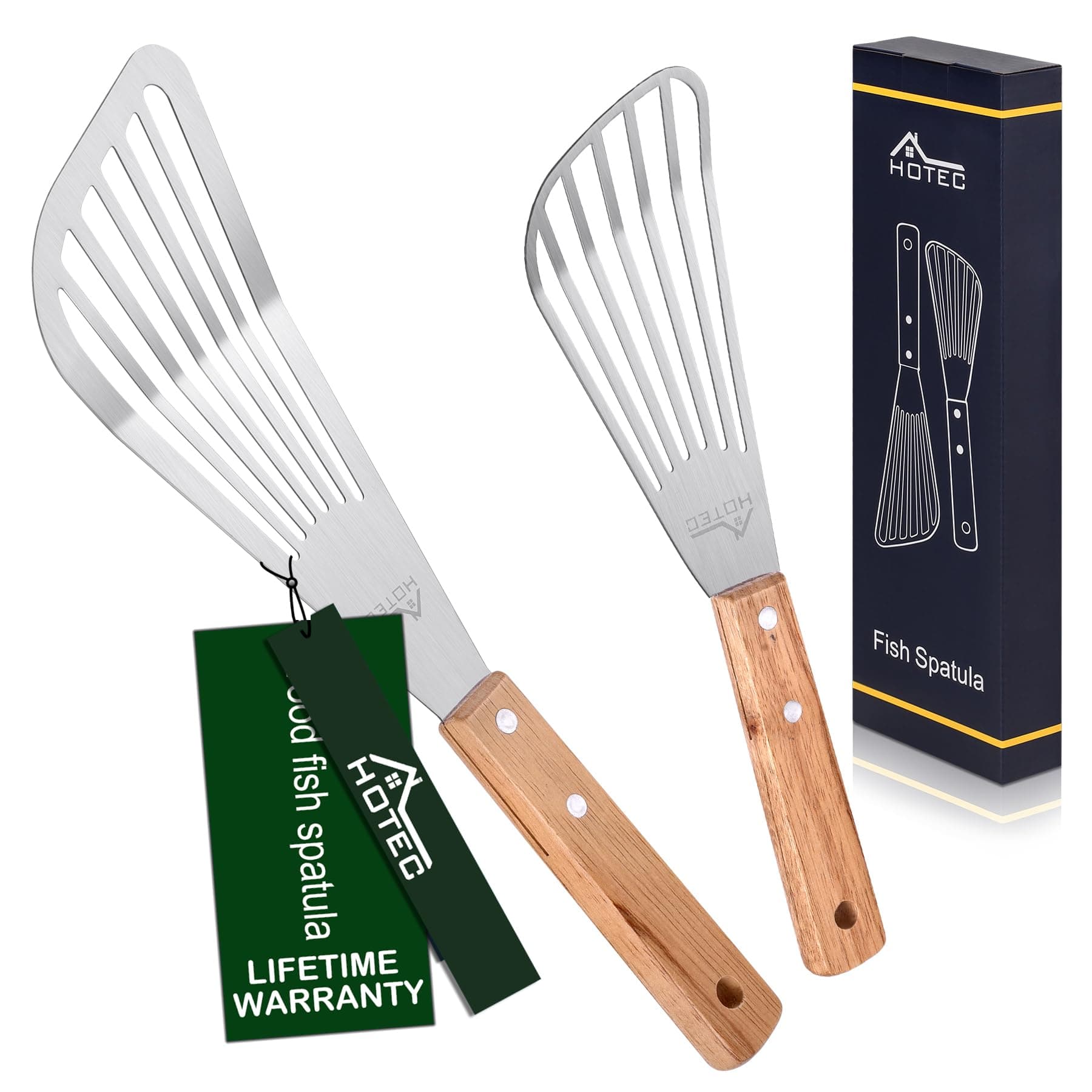 2pcs Stainless Steel Wooden Handle Fish Spatula, Metal Spatula Flipping Foods