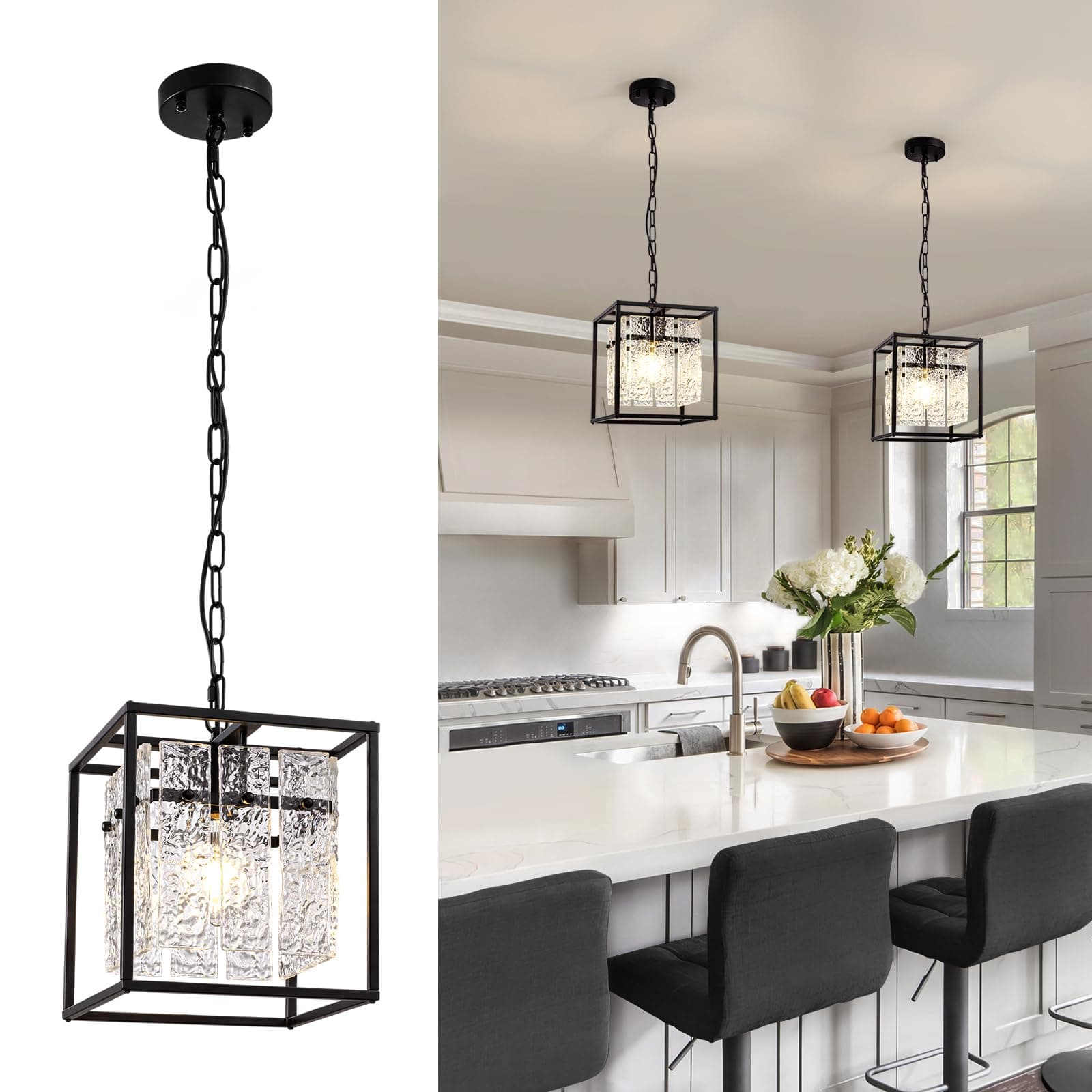 SiljoyBlack Pendant Lights Kitchen Island Luxury Water Ripple Glass Chandelier for Dining Room Modern Black Square Chandelier Light Fixtures Adjustable Pendant Lighting for Kitchen Hallway 9.8"