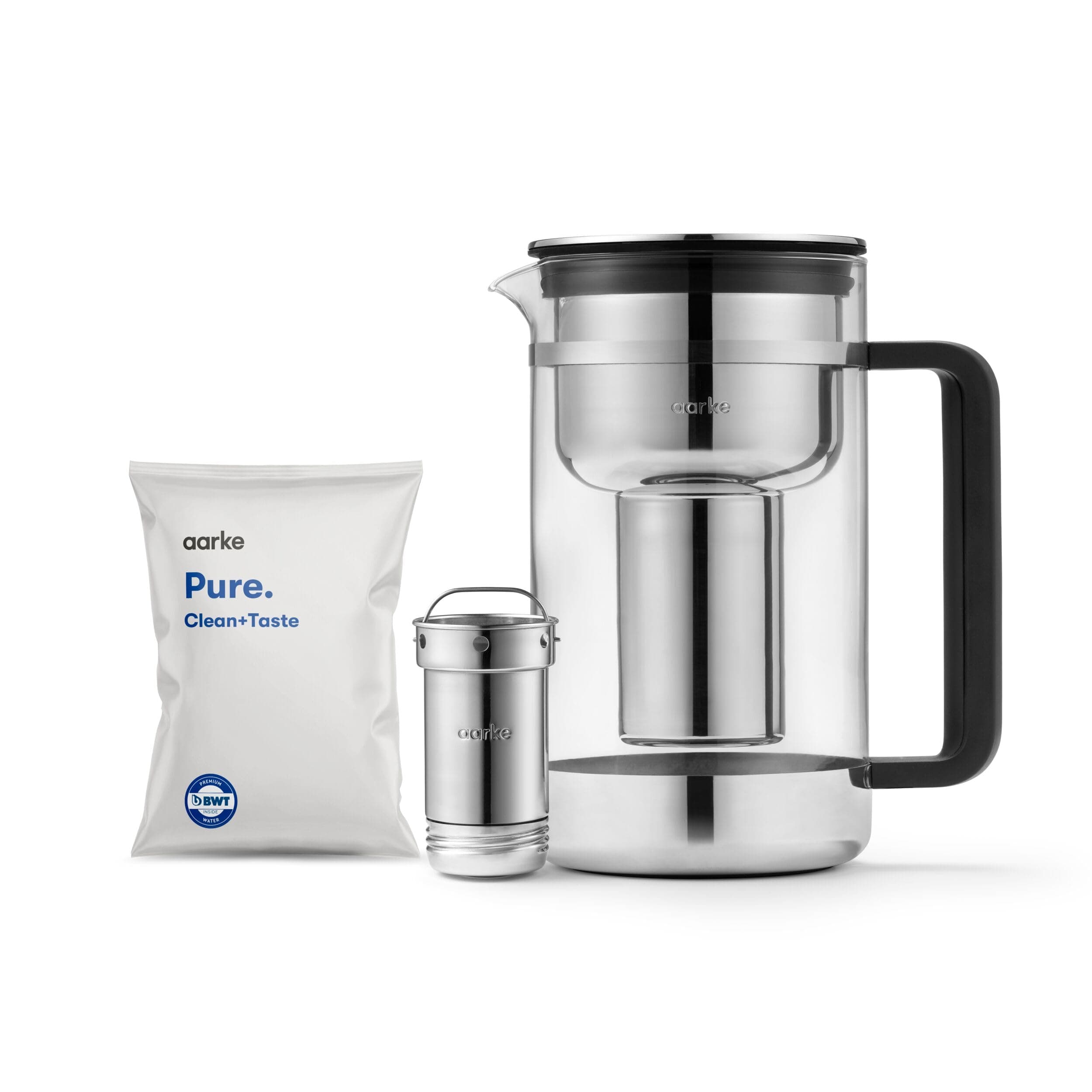 Purifier Large, Water Filter Jug in Glass and Stainless Steel, 2.8L / 12 Cups, Includes Aarke Pure Filter Refill Bag