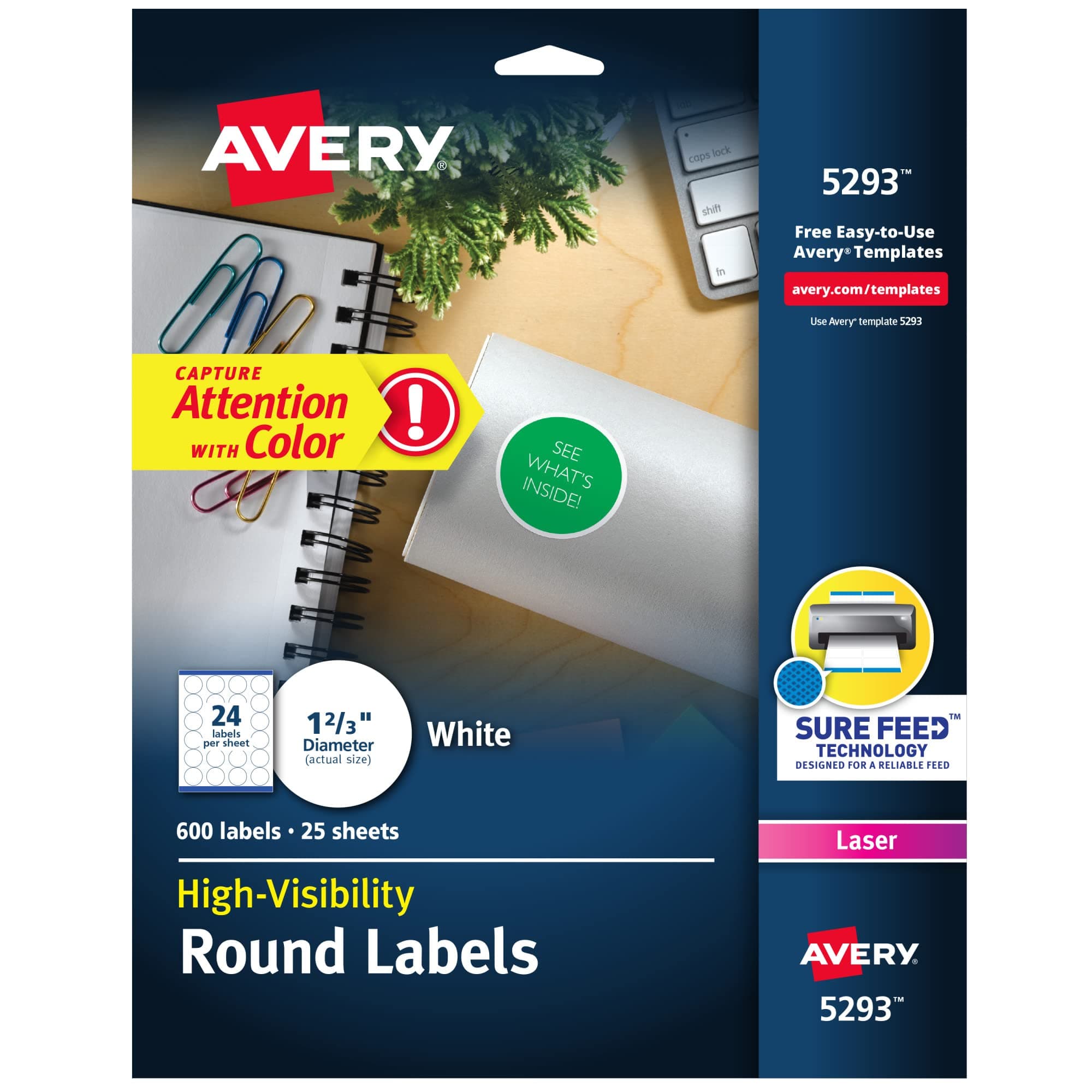 Avery Round Printable Labels, 1-2/3" Diameter, Matte White, Sure Feed Technology, Laser & Inkjet Compatible, 600 Blank Labels Total, Great for Branding, Packages, School Supplies, and More (5293)