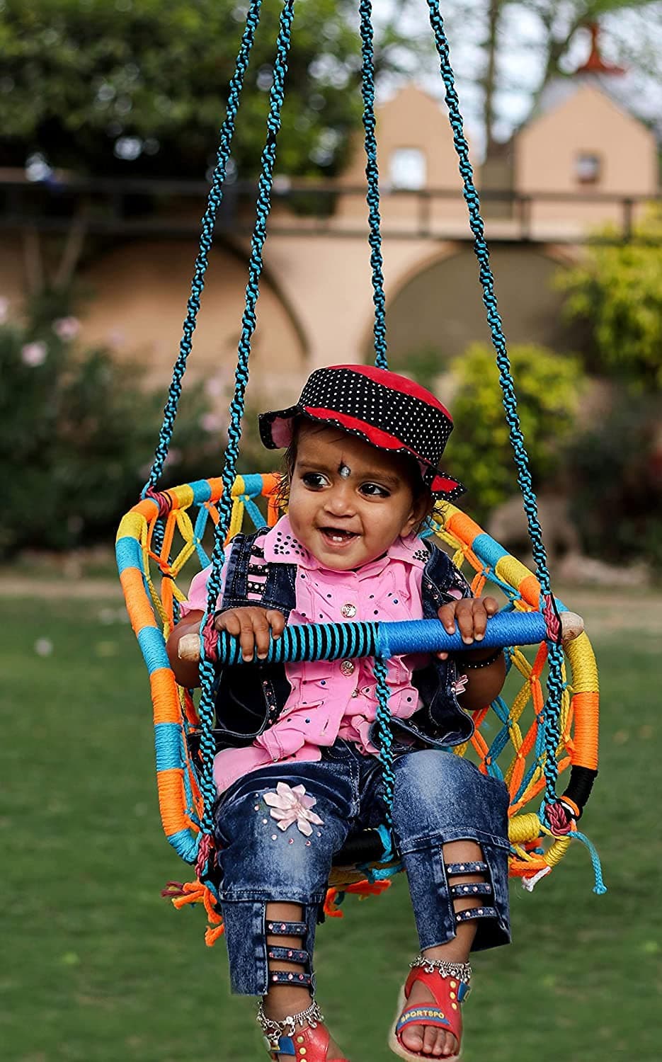 Patiofy Baby Swing Chair with Safety Handle/Toddler/Infant Swing with T-Bar & Rope/Outdoor Indoor Kids Swinger/Jhula/Swing Ride Seat/Yellow in Colour