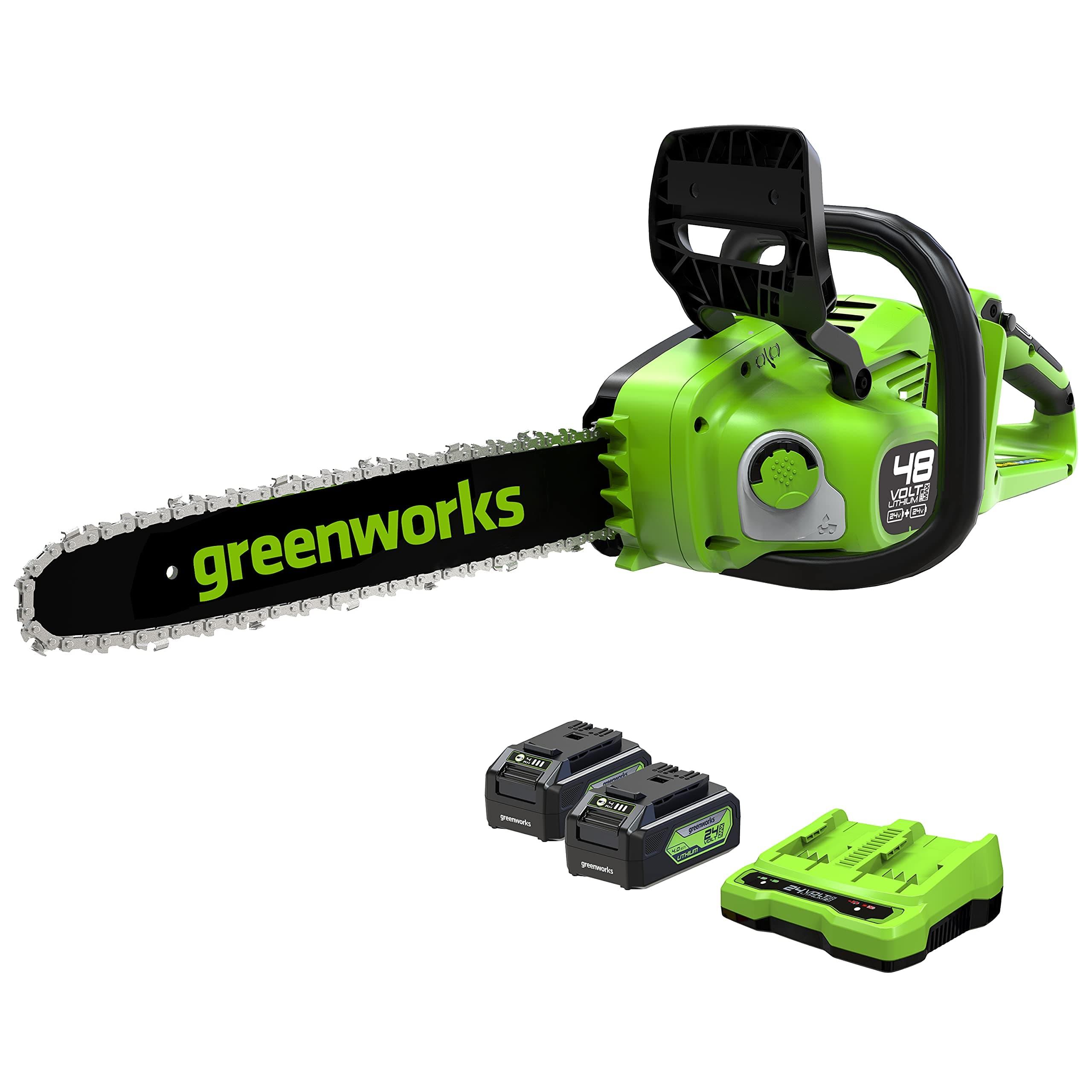 – 48V (24V x 2) Cordless Chainsaw with Brushless Motor, 35 cm Blade Length, 20 m/s Chain Speed, Automatic Oil System, With Two 4Ah Batteries & Double Charger, 3-Year Warranty-GD24X2CS36K4X