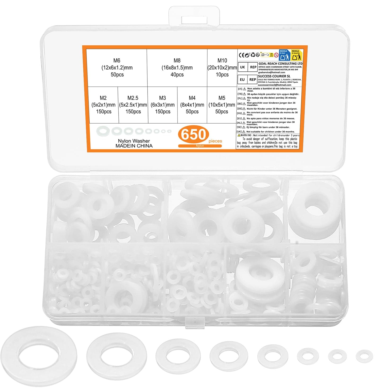 650 Pcs Nylon washers, White Flat Plastic Spacers Washers, Assorted Round Tap Seals Gaskets Rings Washers for Plumbing, Screws Bolts, 5-20mm, M2/M2.5/M3/M4/M5/M6/M8/M10