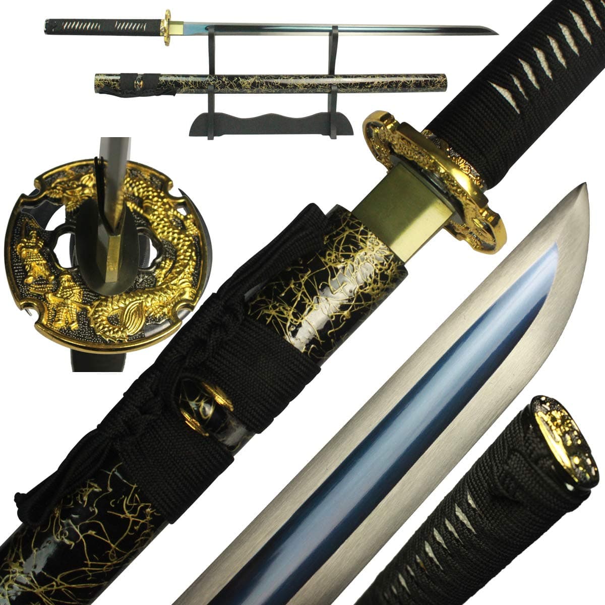 DTYES Handmade Japanese Samurai Katana Sword (1095 High Carbon Stee Blue Baked Finish Blade-Dragon Tsuba)