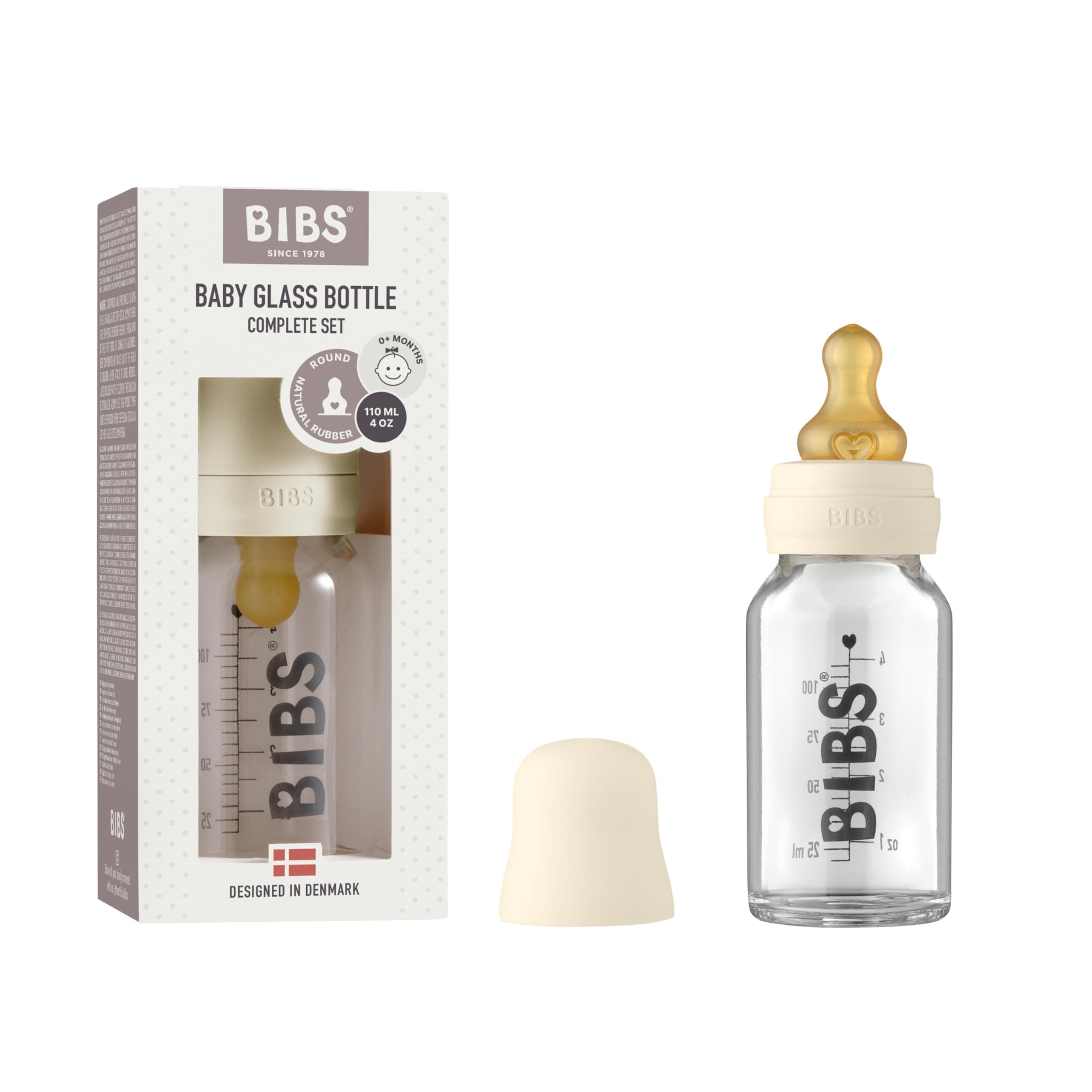 BIBS Baby Glass Bottle. Anti-Colic. Round Natural Rubber Latex Teat. Supports Natural Breastfeeding, Complete Set - 110 ml, Ivory
