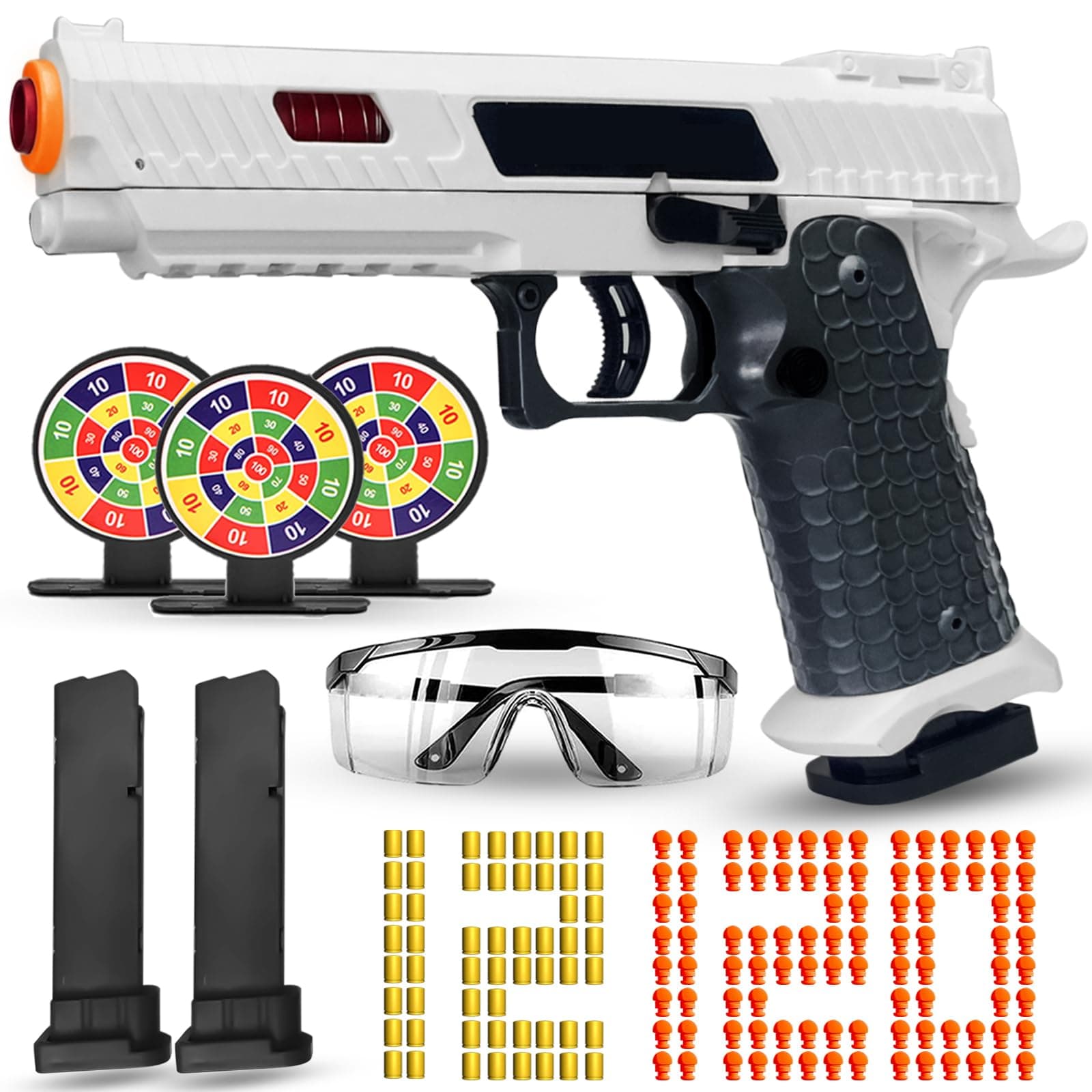 Shell Ejecting Toy Gun, Semi Automatic Toy Gun with Soft Bullets, Educational Model Toy Pistols for Outdoor Shooting Game, Gifts for Kids Boys Girls Ages 8-12 (White)