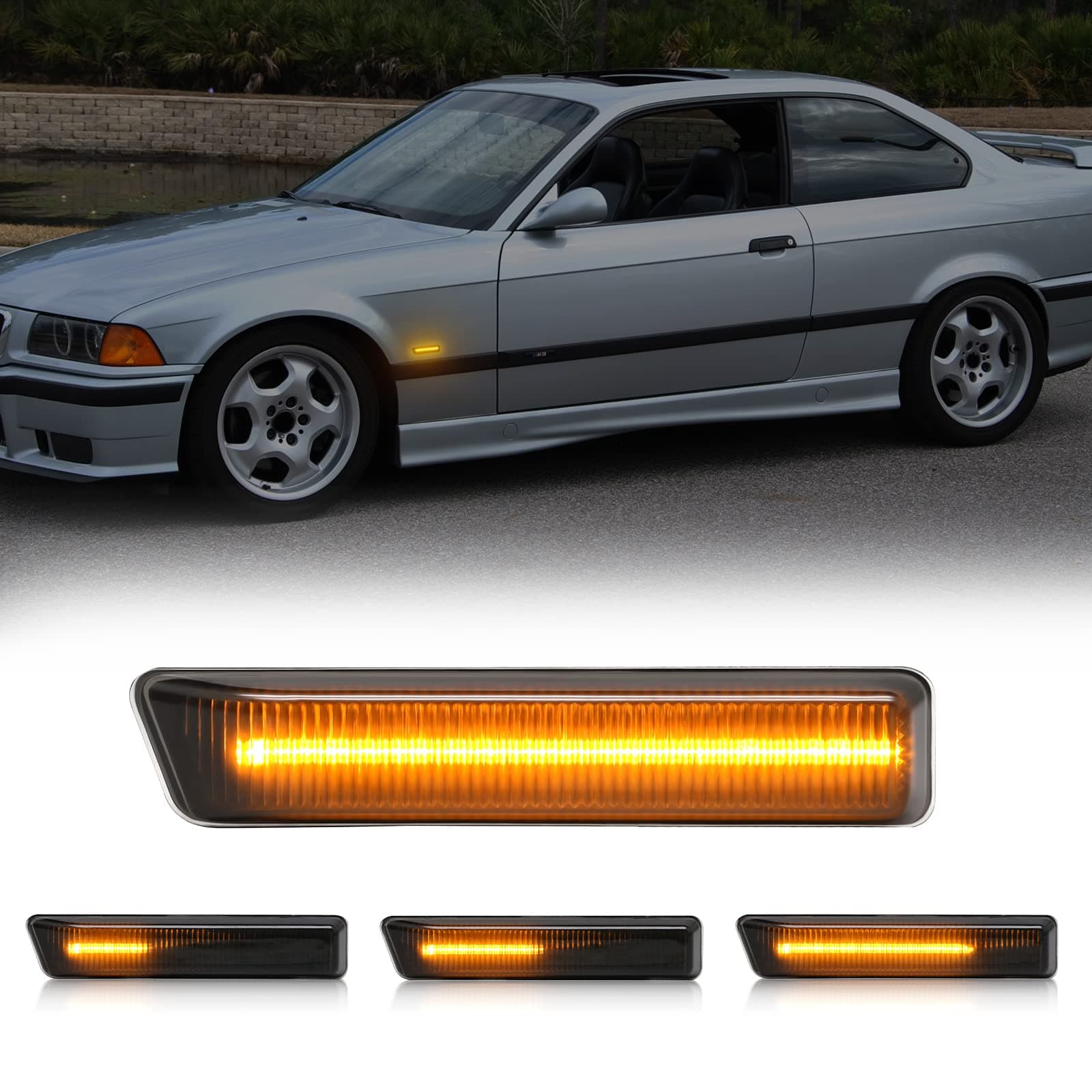 Front Sequential LED Turn Signal Light Replacement for 3 Series E36 316i, 318i, 318is, 320i, 323i, 328i 1997-1999, X5/E53 1999-2006, Smoked Lens Amber Dynamic Indicator Side Marker Lamp