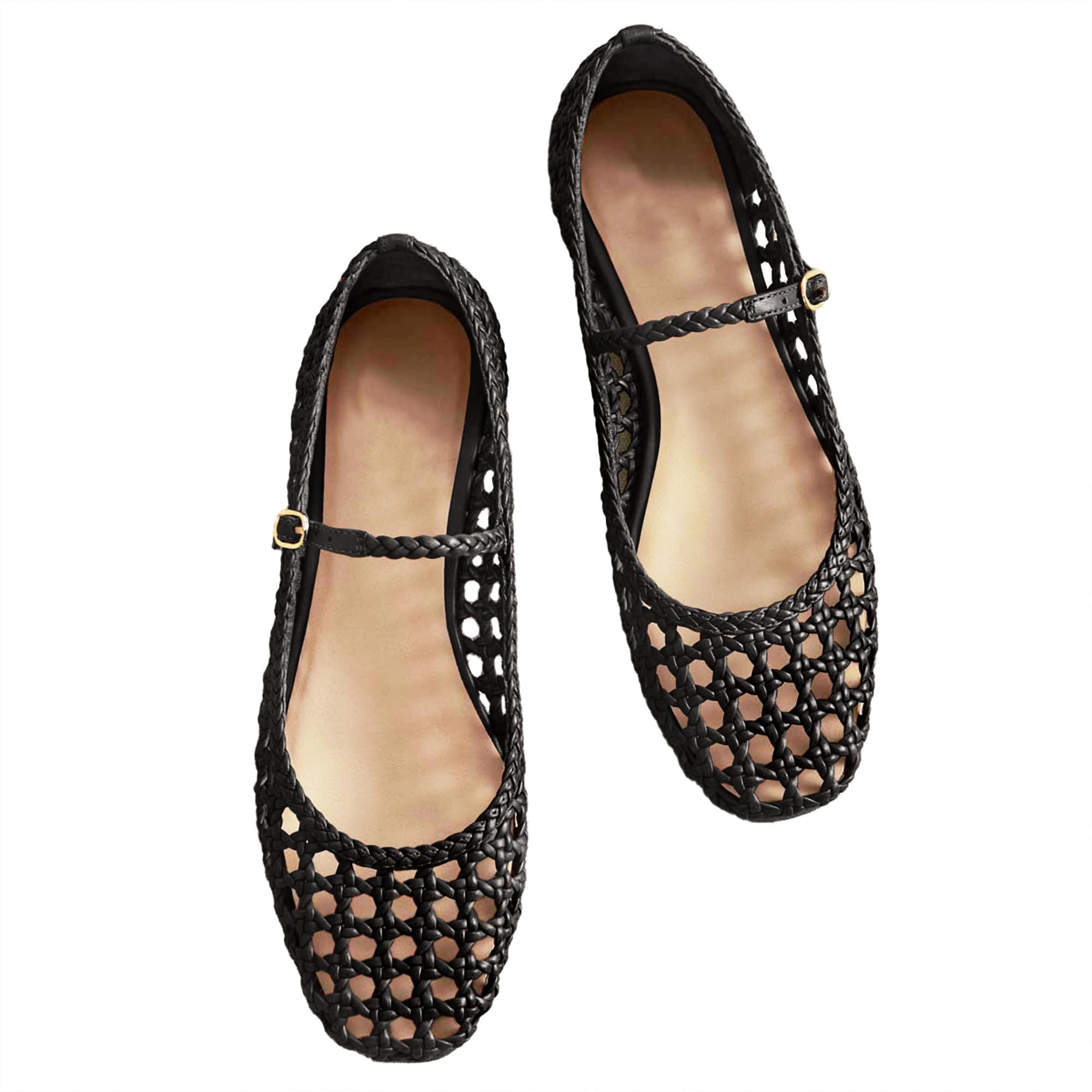 Woven Mesh Ballet Flats for Women with Metal Buckle Strap Ballerina Flat Shoes Comfortable Round Toe Mary Jane Flat.