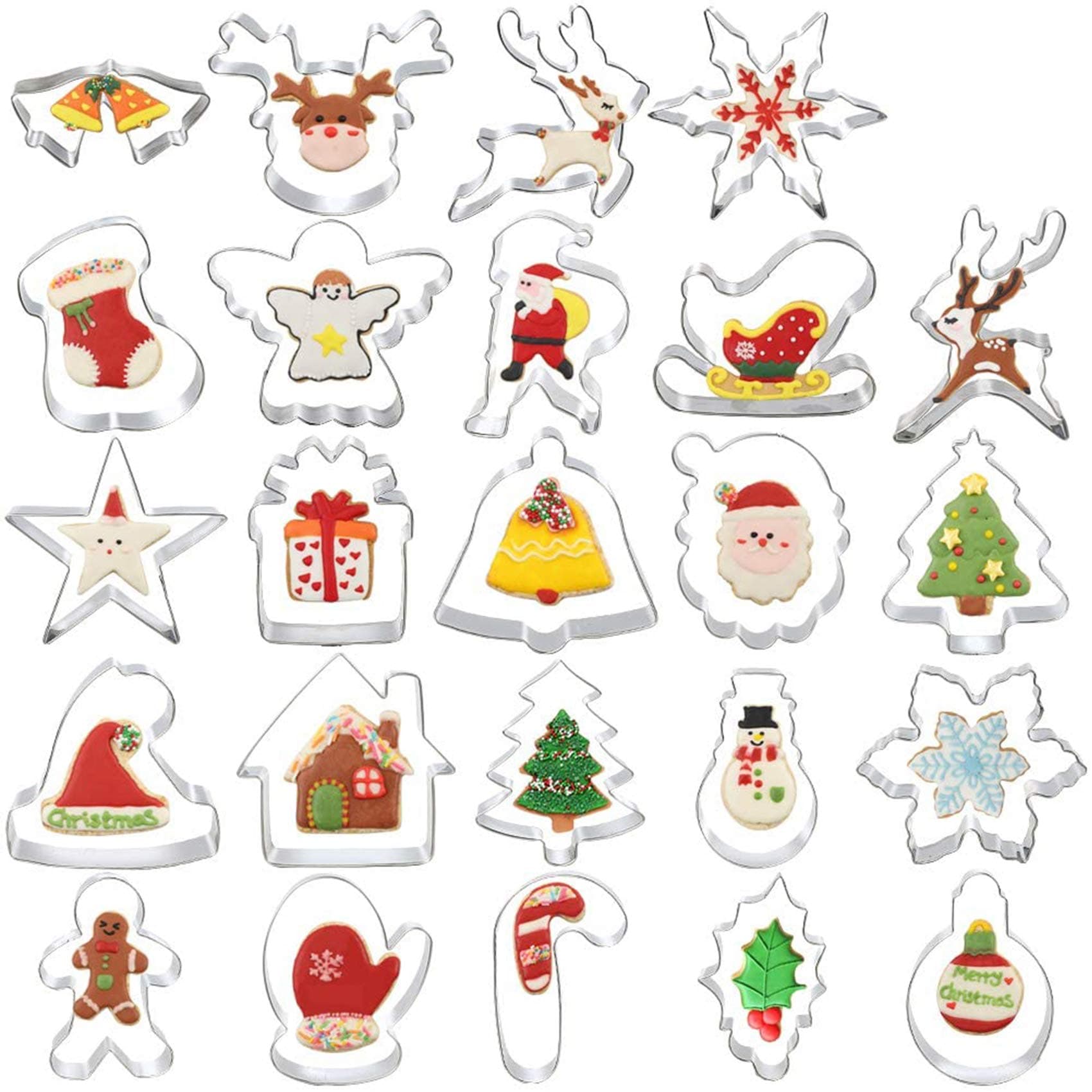 BAKHUK 24pcs Christmas Cookie Cutters Set Holidays Cookies Molds Christmas Tree, Santa Claus, Reindeer, Christmas Stockings, Bells, Exquisite Packaging for Party Supplies