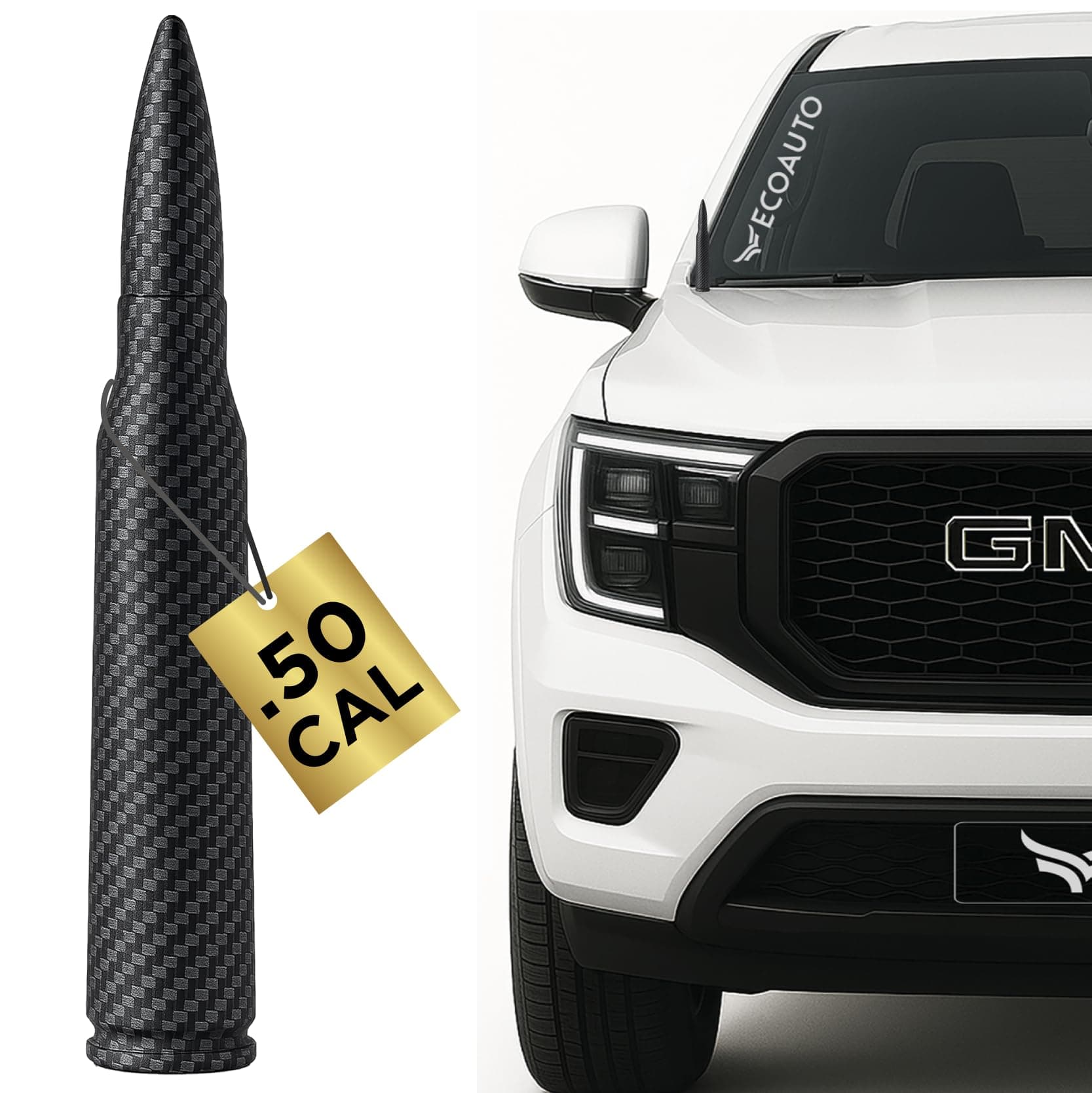 EcoAuto Badass 50 Cal Bullet Antenna Replacement Fits All Chevy & GMC Truck Model Years - Car Antenna Replacement - Military Grade Aluminum - Anti Chip & Anti Theft Design (Carbon Fiber)