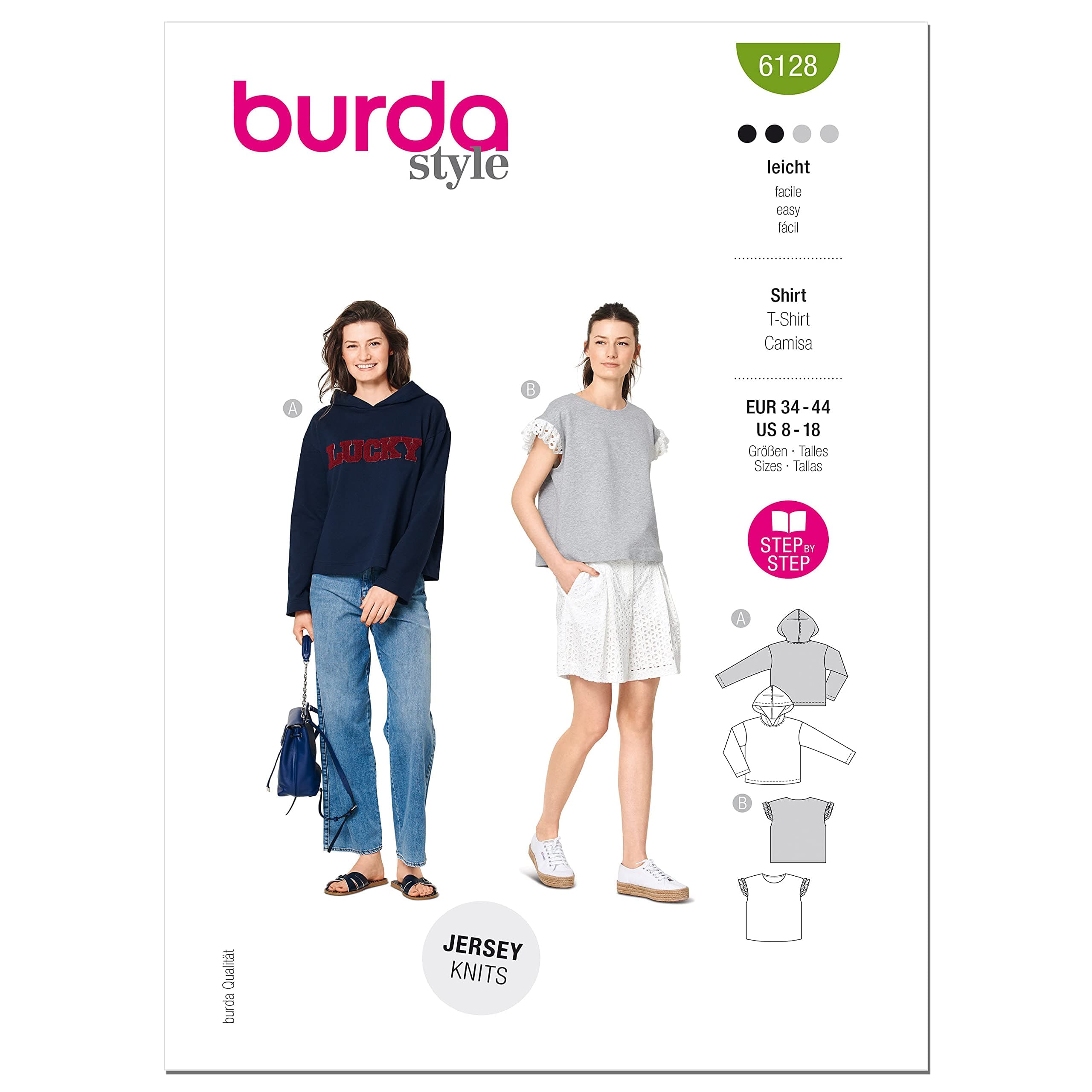 BurdaStyle Misses' Hoodie or Sleeveless Sweatshirt Top, Code 6128 Sewing Pattern Kit, Sizes 8-18, Multicolor