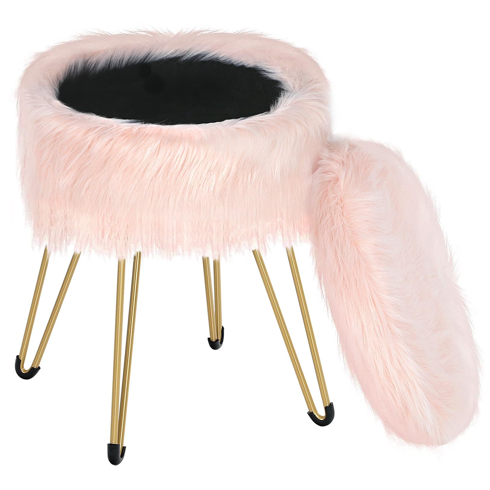 HOOBRO Vanity Stool Chair, Ottoman with Storage, Fluffy Vanity Stool, Round Footstool, Multifunctional Side Table, Sponge Cushion, Metal Legs, for Living Room and Bedroom, Pink and Gold KD43CW01