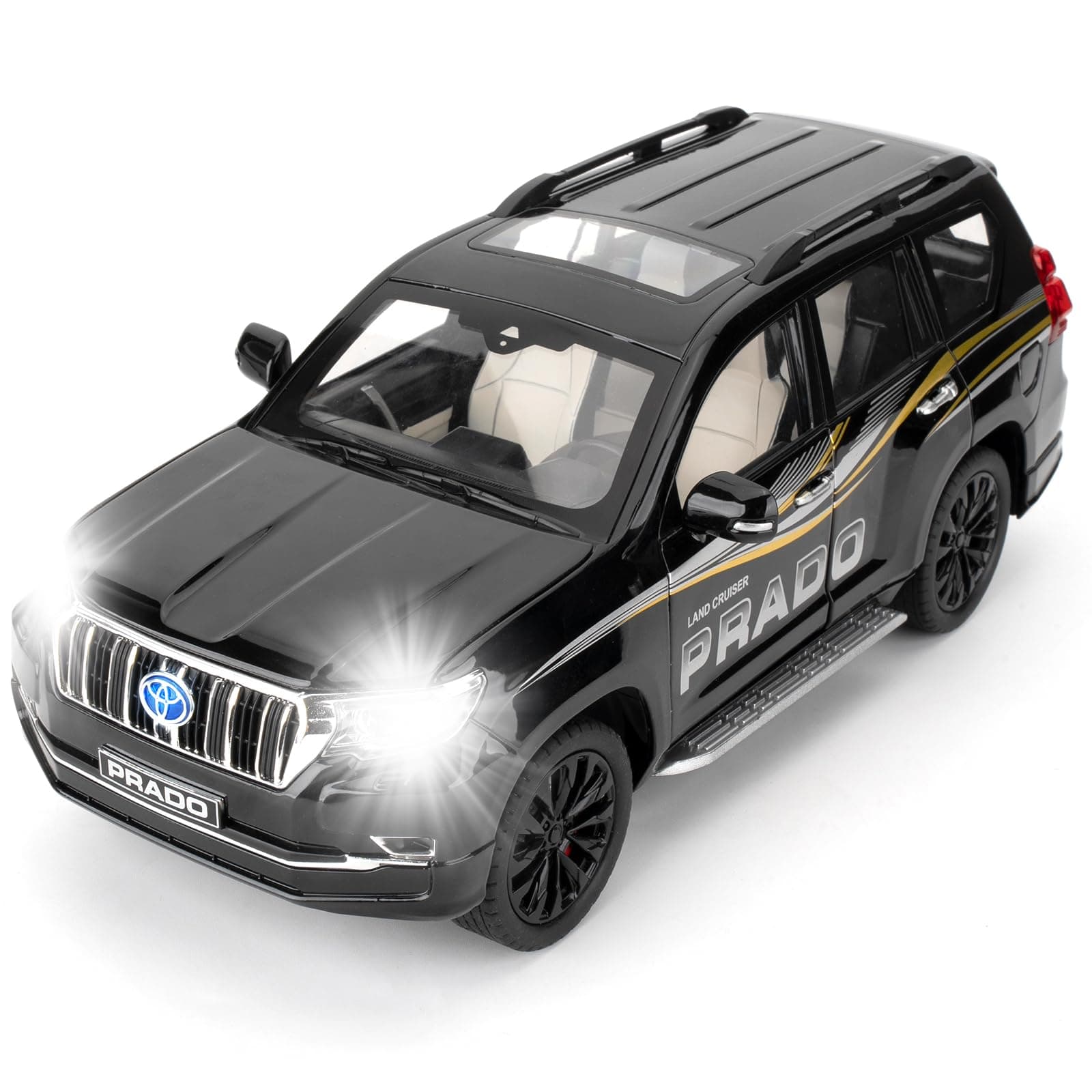 LOVEPOSELY 1:18 Scale Collectable Prado Die Cast Model Car Toy Zinc Alloy Pull Back Toy with Lights and Sounds for Car Decoration Adult Boy Girl Gift (Black)