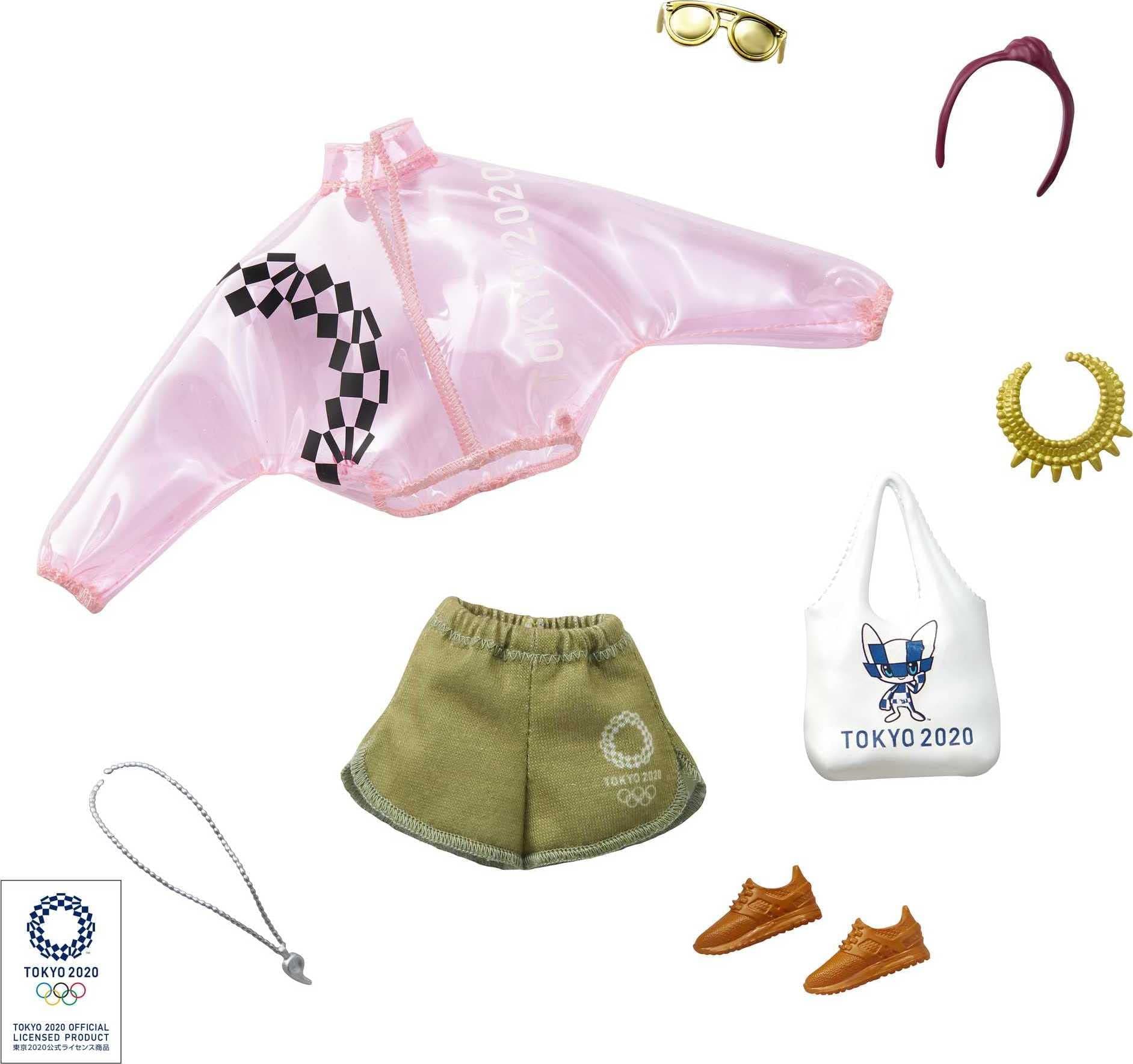 Storytelling Fashion Pack of Doll Clothes Inspired by The Olympic Games Tokyo 2020: Pink Transparent Jacket, Shorts and 6 Accessories Dolls, Gift for 3 to 8 Year Olds