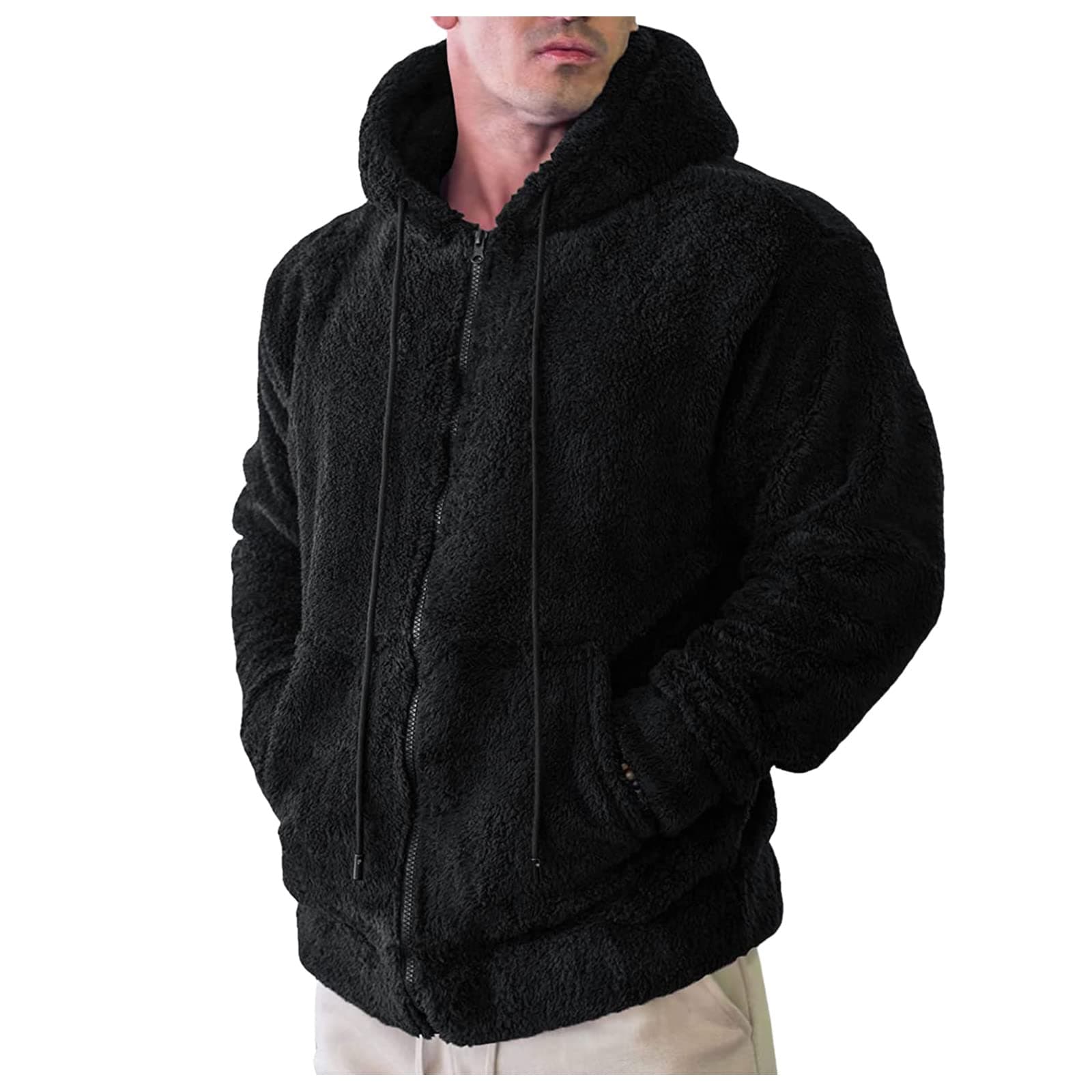 HULKAY Mens Fuzzy Sherpa Hoodies Fluffy Fleece Thermal Zip Up Open Front Cardigan Casual Winter Coat Outwear with Pocket