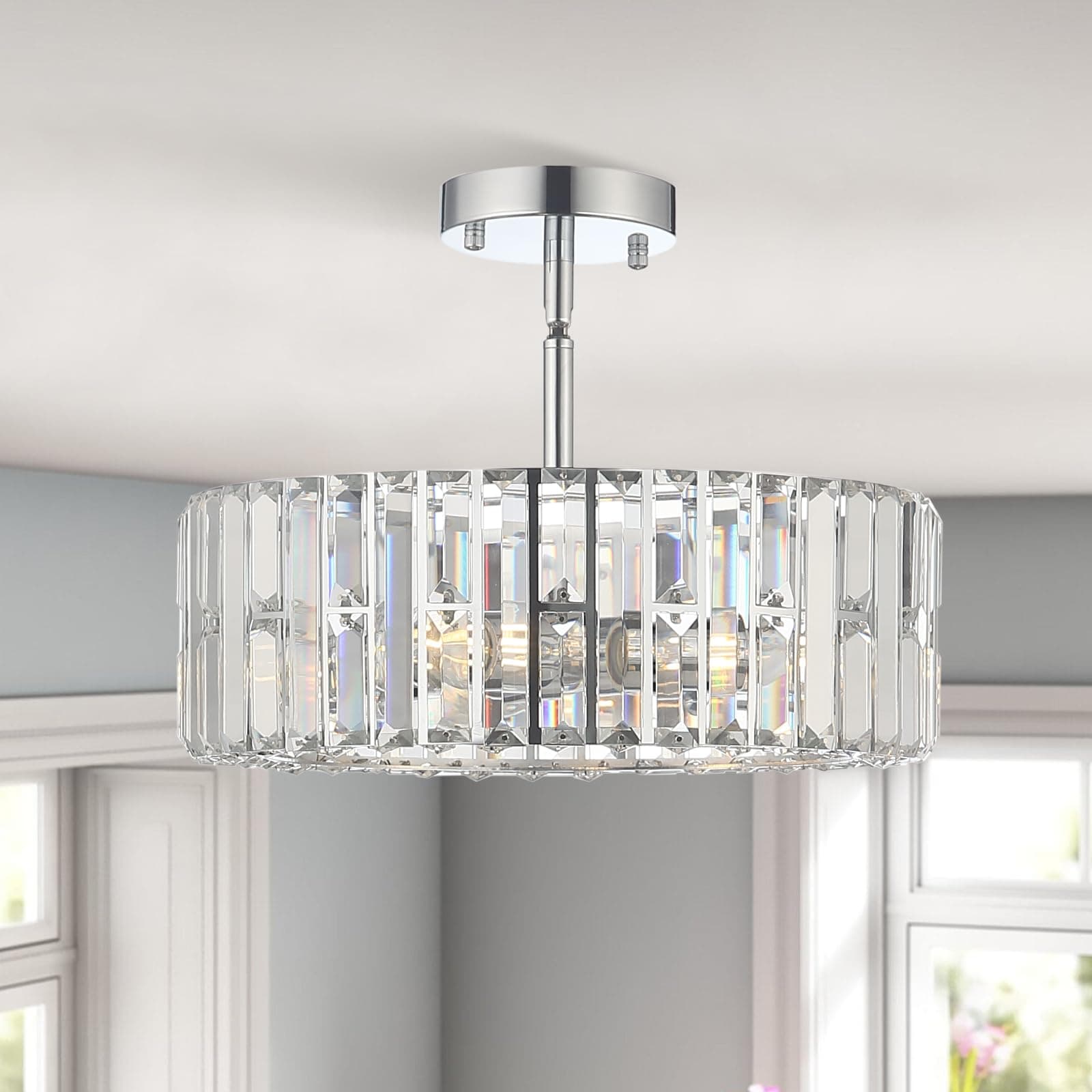 Modern Crystal Chandelier 4 Lights, Chrome Semi Flush Mount Ceiling Light Fixture Silver Chandeliers Ceiling Light for Dinning Room Living Room Bedroom Kitchen Hallway Foyer, 00601-S