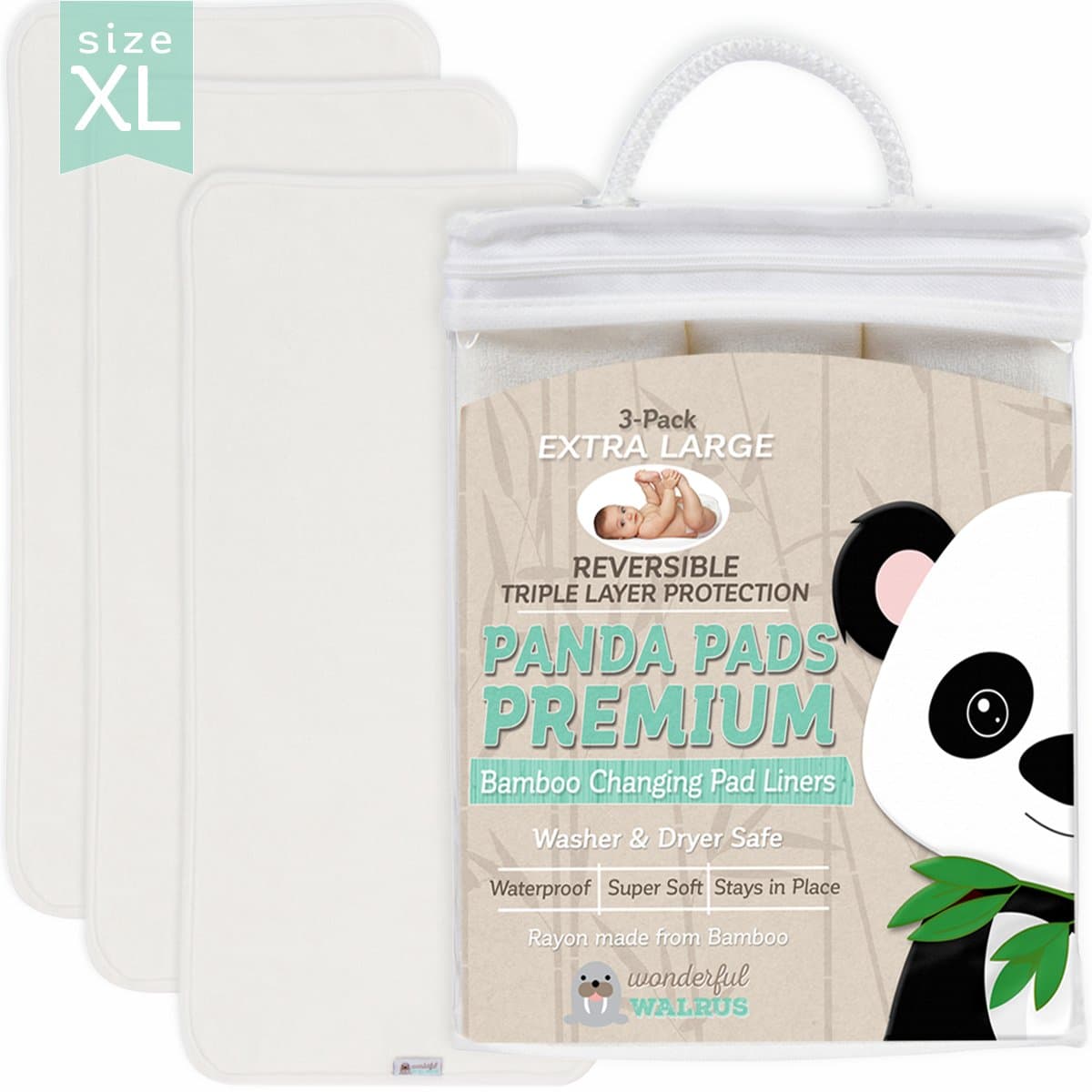 Bamboo Changing Pad Liners XL Size. Reversible 3-Pack. Soft & Absorbent 3 Layer Design to use When Changing Baby’s Nappy. A Waterproof Mat That Covers The Diaper or Nappy Changing Table or pad