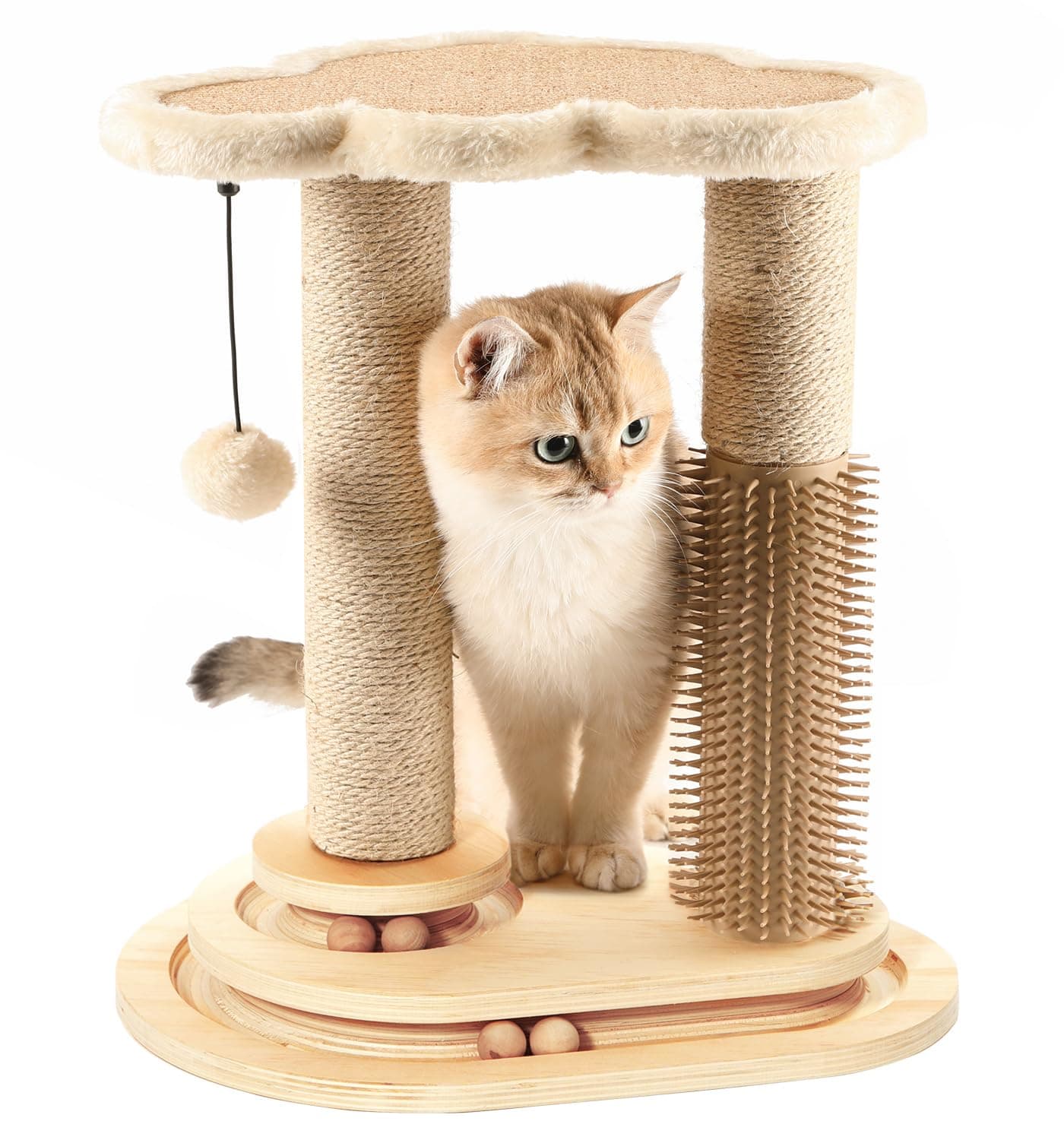 Made4Pets Cat Scratching Post, Cat Self Groomer for Indoor Cats, Cloud Soft Perch for Rest, 17.5" Tall Natural Sisal Scratcher Cat Grooming Interactive Ball Track Toys for Small Cats Kittens