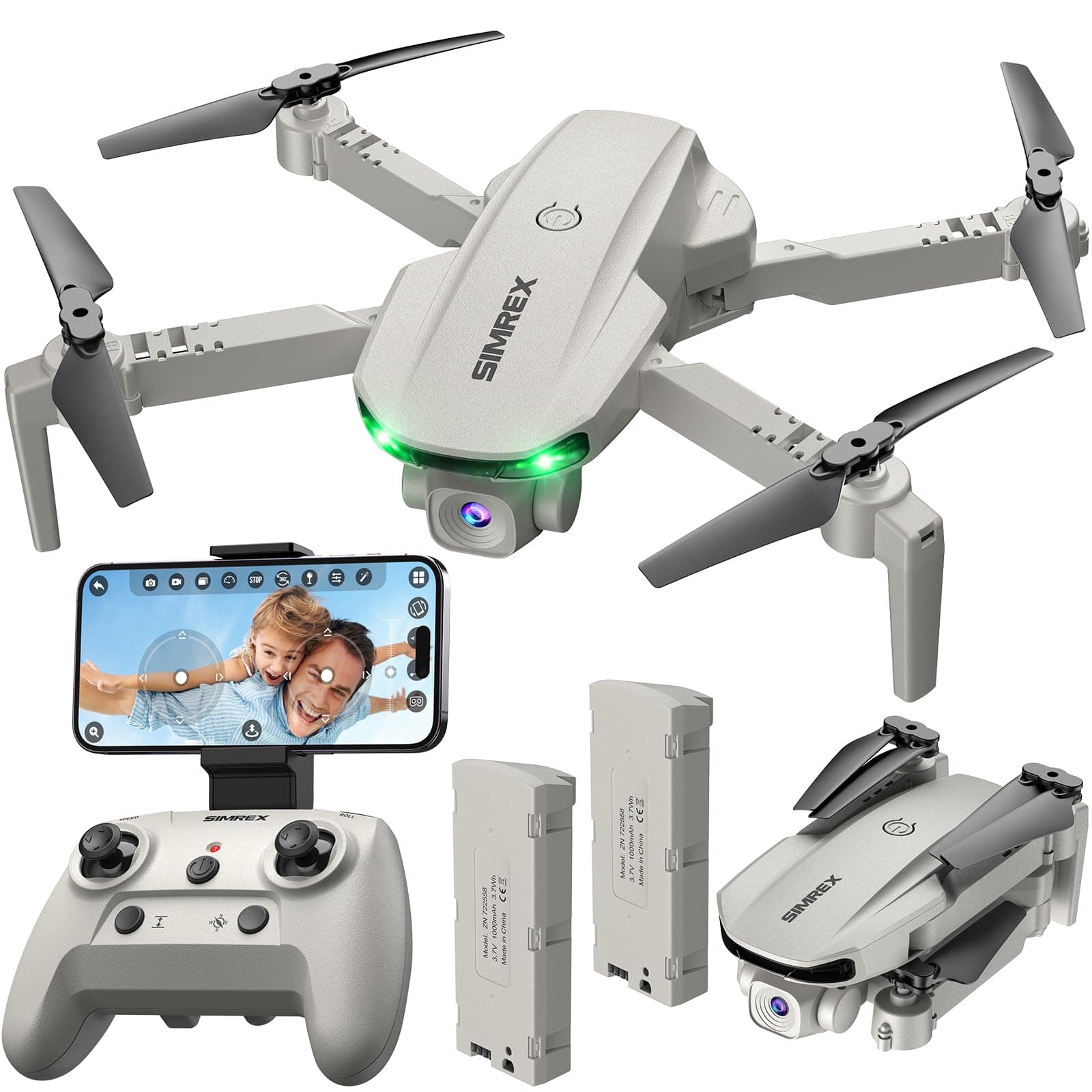 SIMREX Drone with Camera 1080P, Drone with One Key Start, Waypoint Flying, Headless Mode, Auto Follow, 3D Flip, 3 Speeds, Remote Control Drone for Children and Adults, Grey