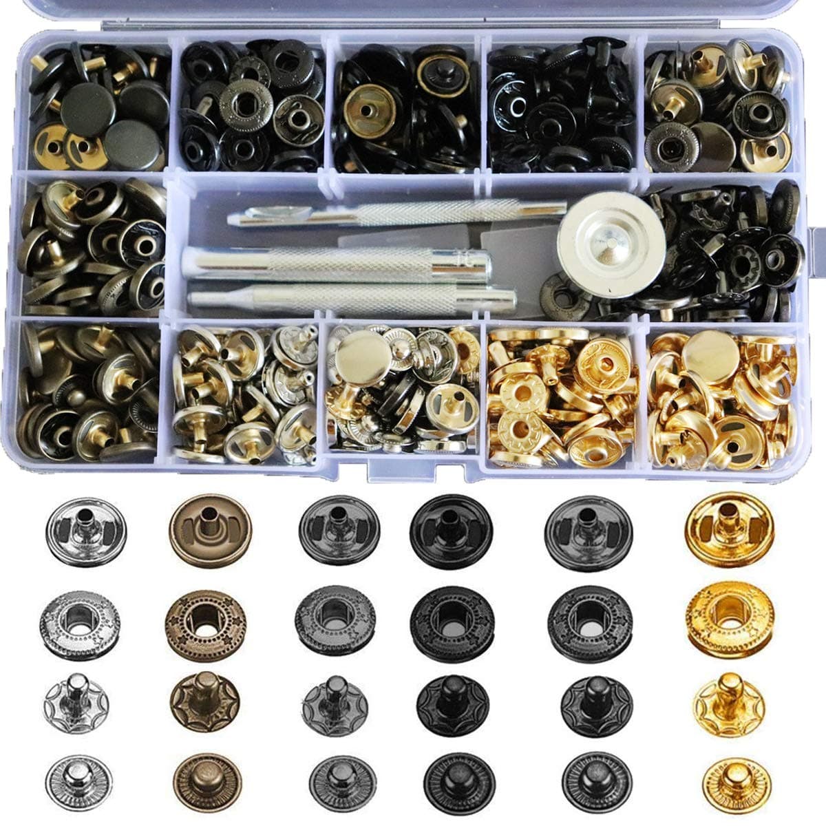 138 Sets Snap Fastener Kit Button Tool, Leather Snap Buttons Press Studs with 6PCS Clothing Snaps Kit Fixing Tools, Metal Snaps for Clothing Leather Craft Bracelet Jeans Wear Jacket Bags Belt
