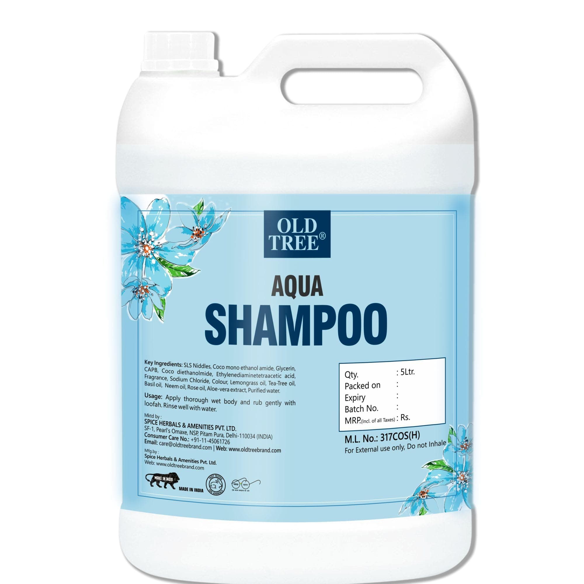 Old Tree Aqua Hair Shampoo 5L for Hotel Rooms, Hospital, Guest House - Bulk Refill Shampoo Kit for Silky and Shiny Hair