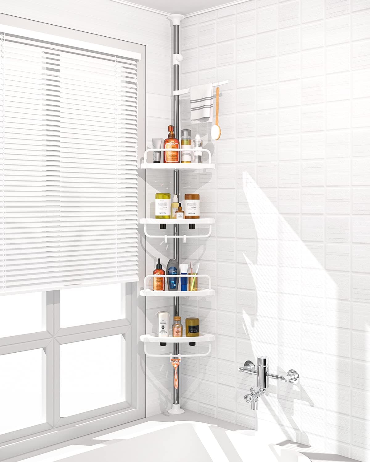 ADOVEL 4 Layer Corner Shower Caddy, Adjustable Shower Shelf, Constant Tension Stainless Steel Pole Organizer, Rustproof 3.3 to 9.8ft